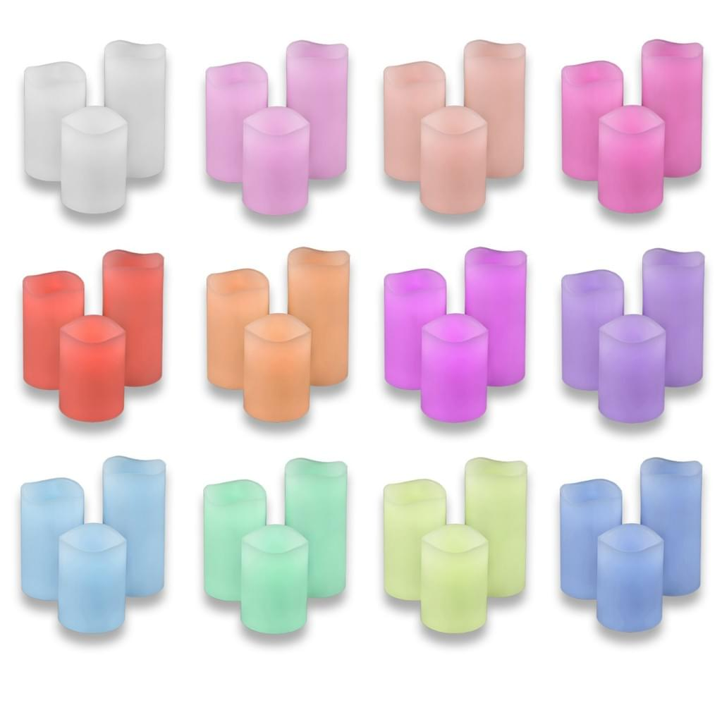 Das Bild zeigt mehrere Sätze von drei bunten LED-Kerzen. Zu den Farben gehören Weiß, Rosa, Orange, Lila, Grün, Gelb und Blau.