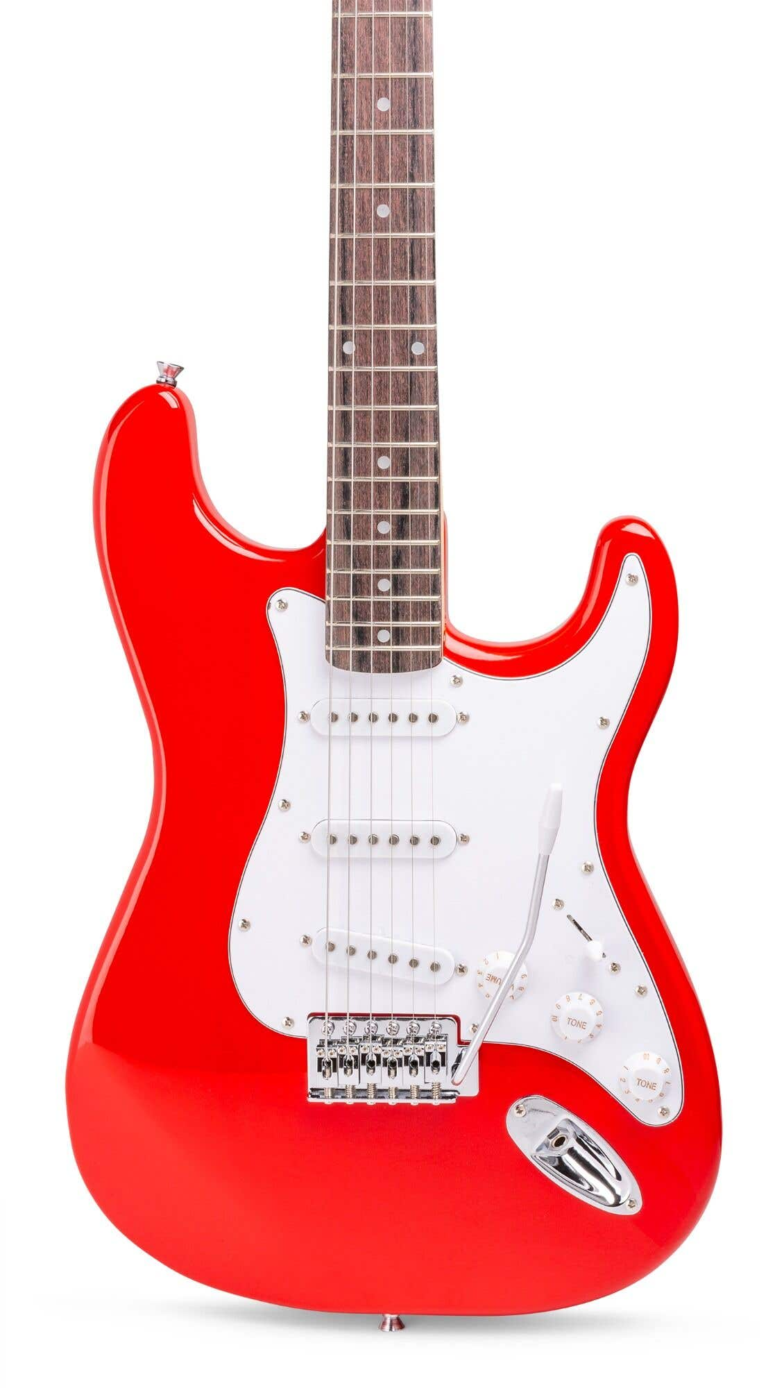 Una guitarra eléctrica roja con golpeador blanco. Se ven cuerdas, perillas y una palanca de vibrato. El fondo es blanco.