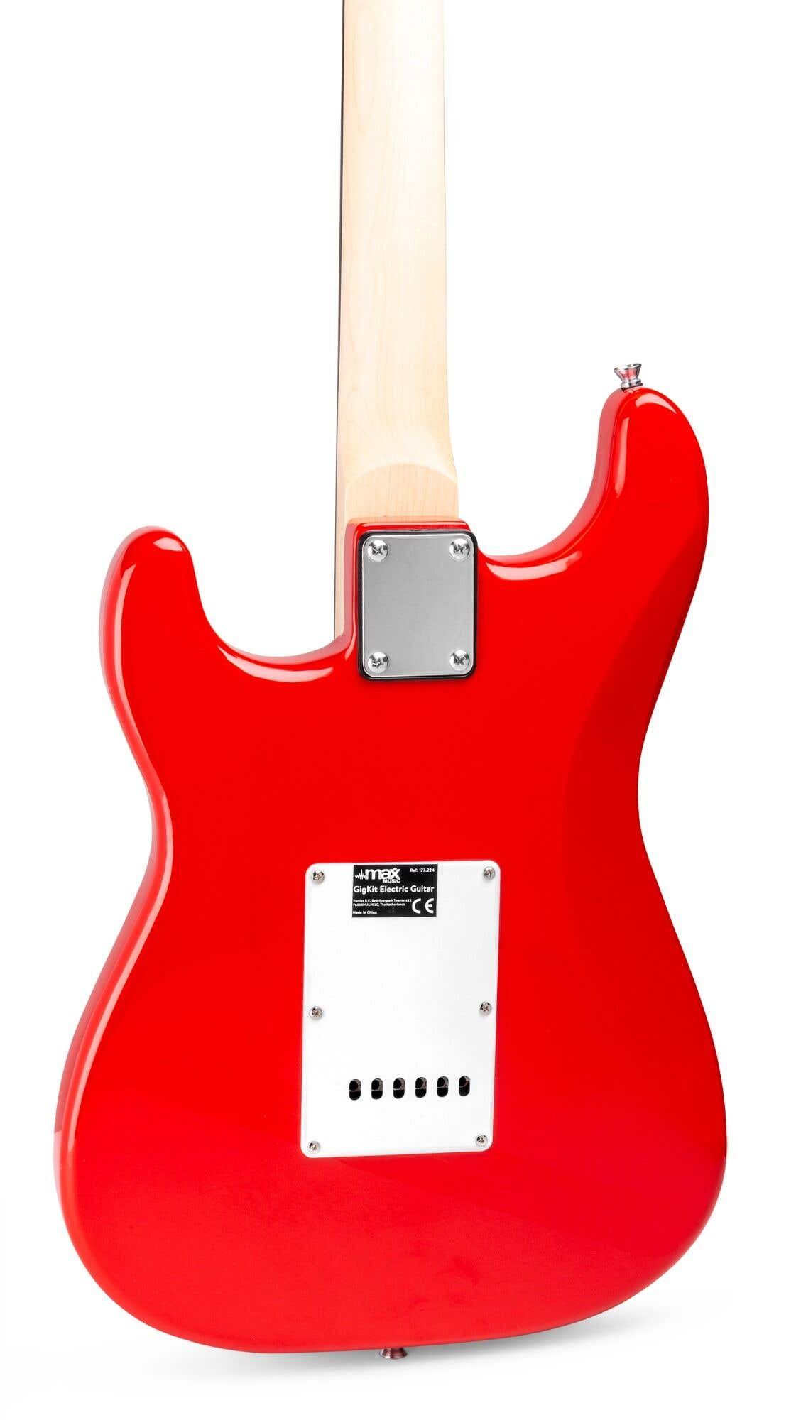 Vista trasera de una guitarra eléctrica roja. Mástil blanco. Placa blanca con texto negro y tornillos en el cuerpo.