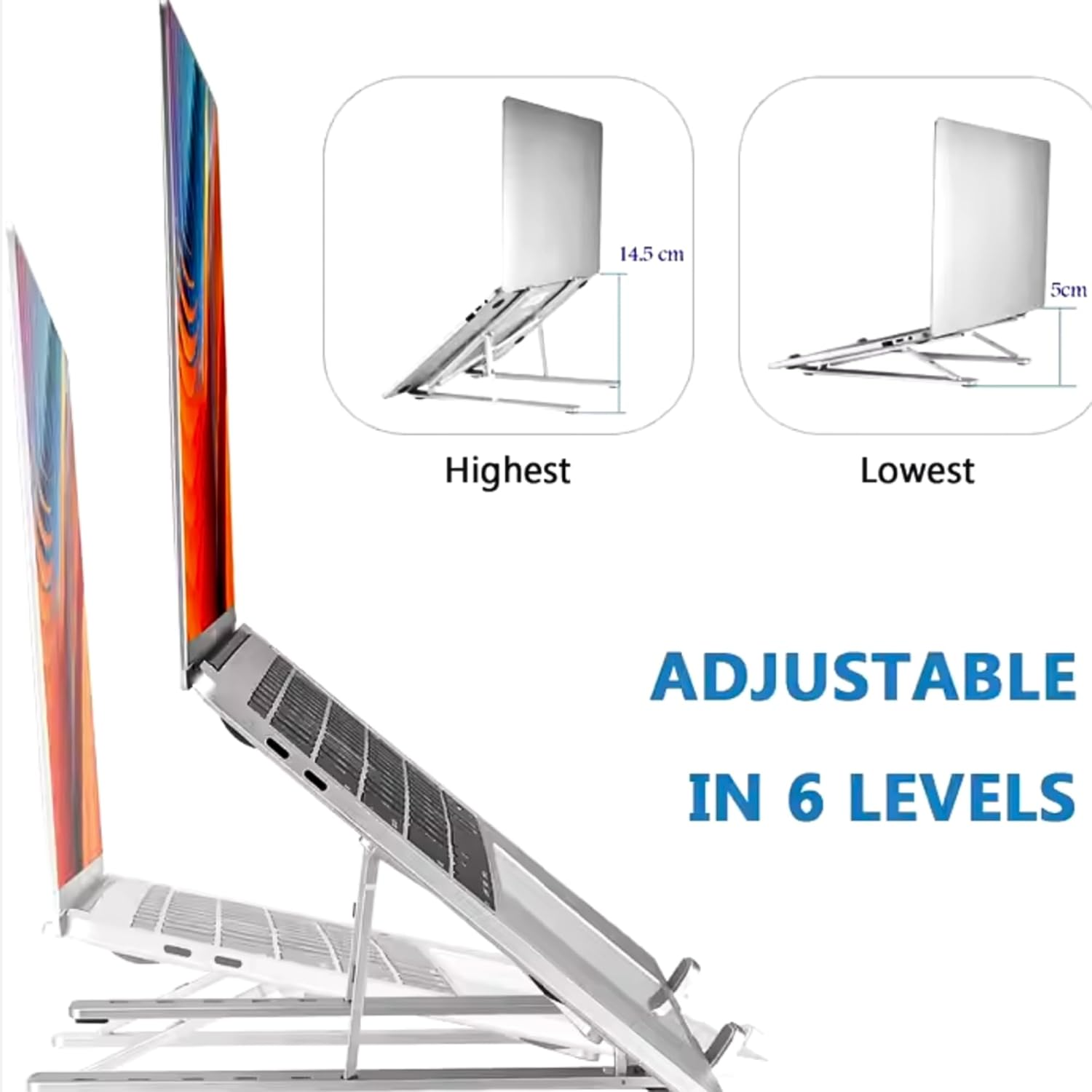 Ein Laptop auf einem verstellbaren Ständer. Zwei Diagramme zeigen die höchste und niedrigste Position mit Höhenmessungen. Text: "In 6 Stufen verstellbar".