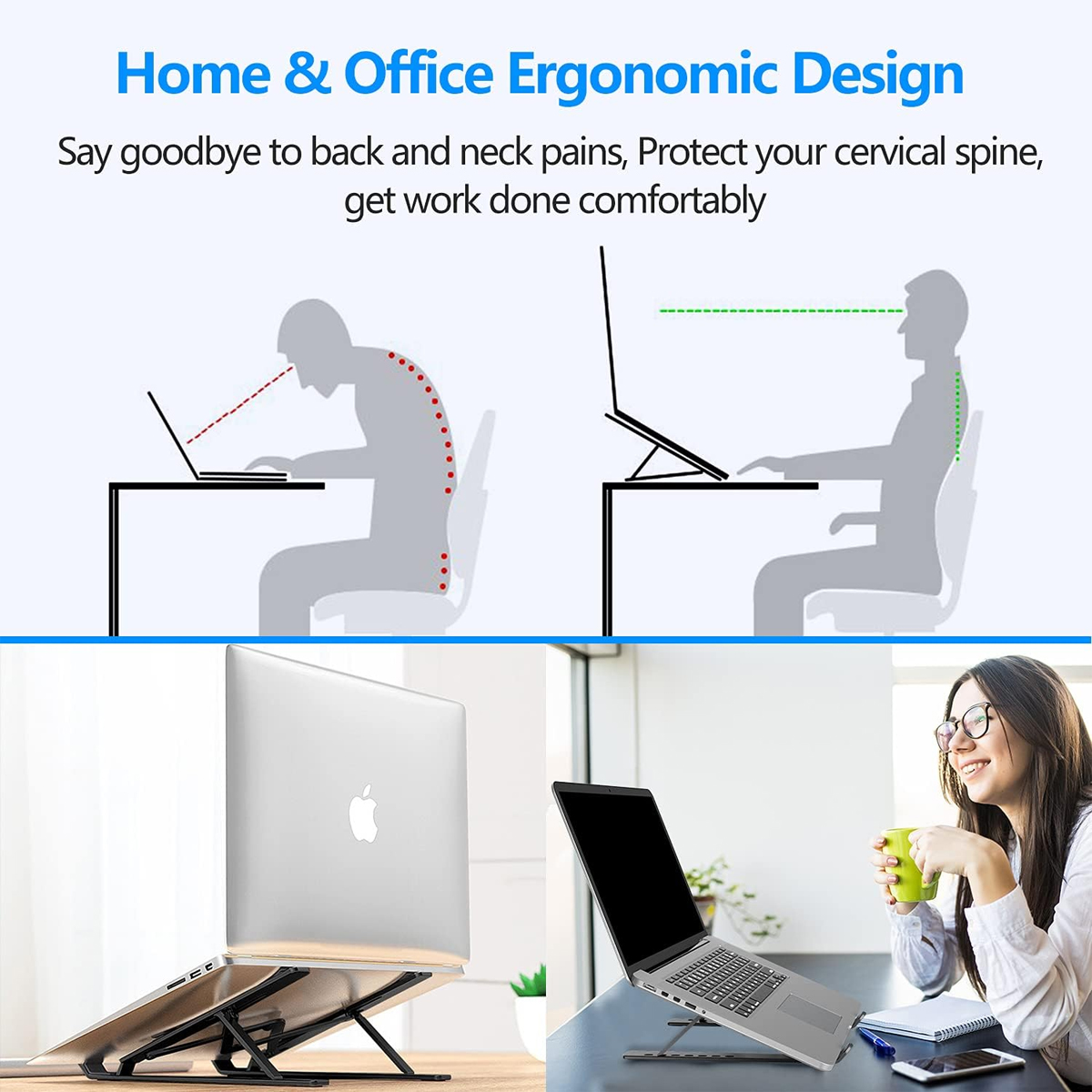 Das Bild zeigt ergonomische Designkonzepte. Illustrationen zeigen schlechte vs. gute Körperhaltung. Außerdem Laptops auf Ständern und eine Person.