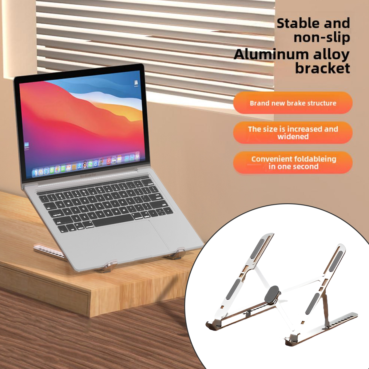 Ein Laptop auf einem Ständer. Der Ständer ist zusammengeklappt. Text auf dem Bild: Stabil und rutschfest, Aluminiumlegierungs-Halterung, faltbar.