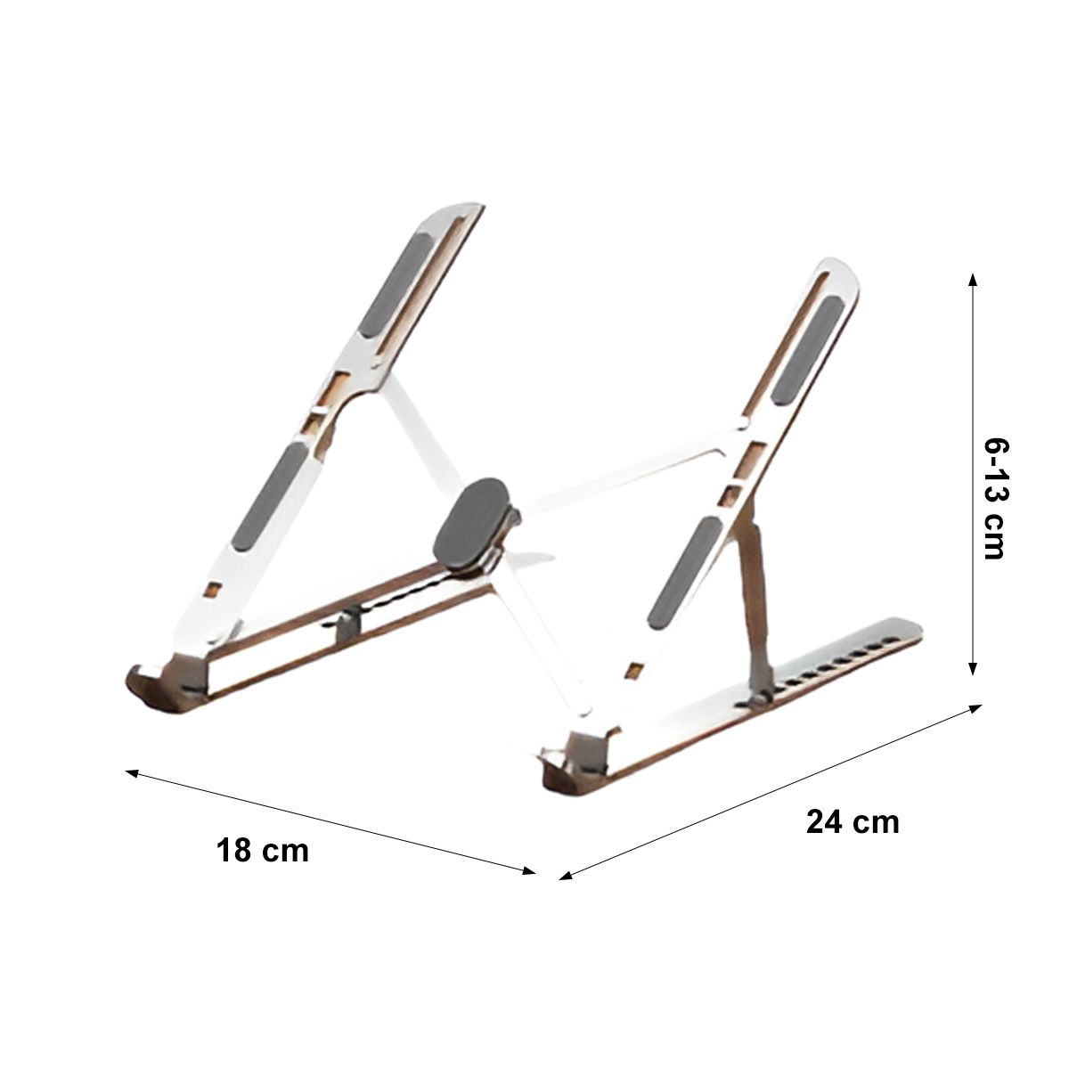 Ein silberner Laptop-Ständer mit den angegebenen Maßen: 18 cm, 24 cm und 6-13 cm. Er hat graue Pads oben.