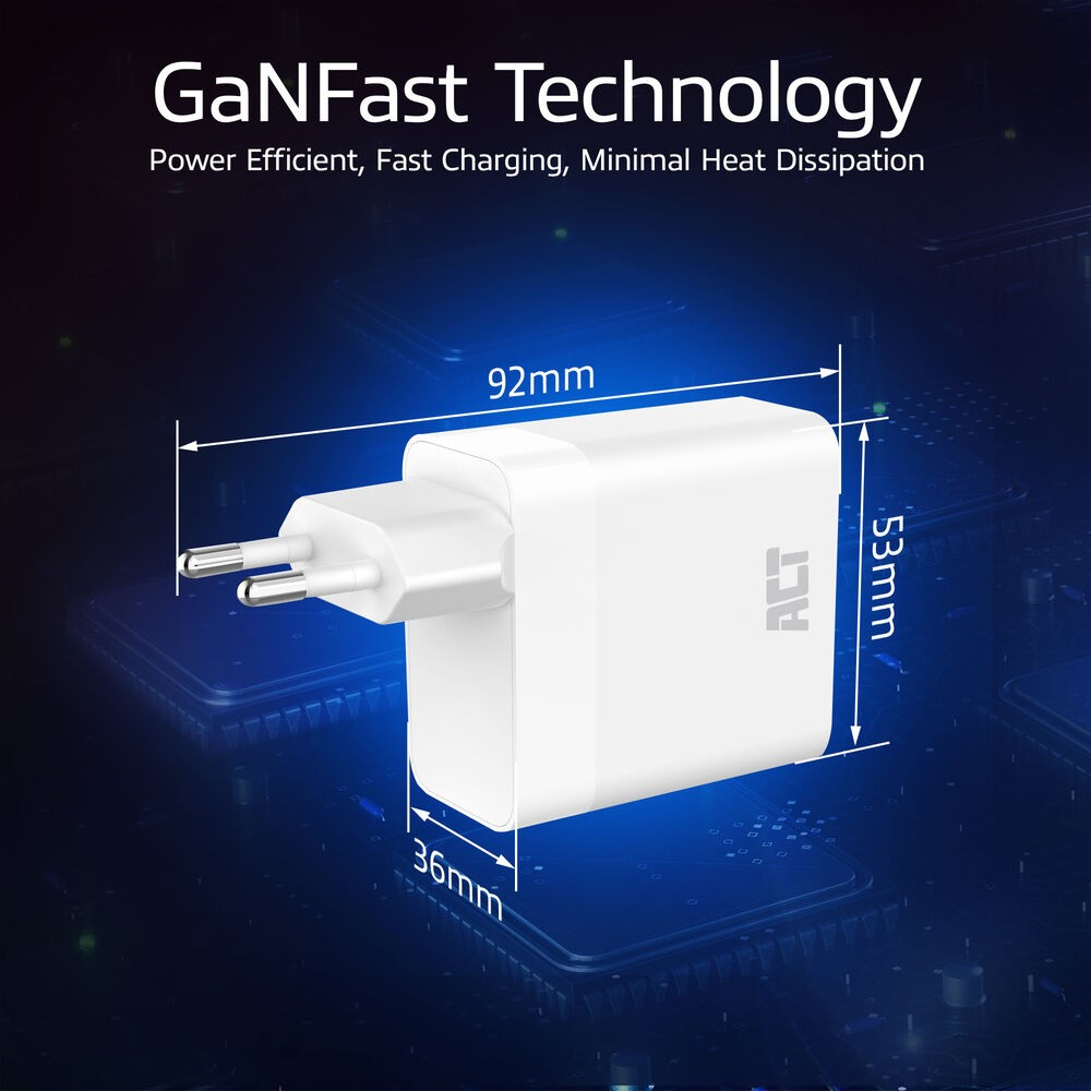 Un chargeur GaNFast blanc avec dimensions indiquées. Texte : GaNFast Technology, Power Efficient, Fast Charging, Minimal Heat Dissipation.