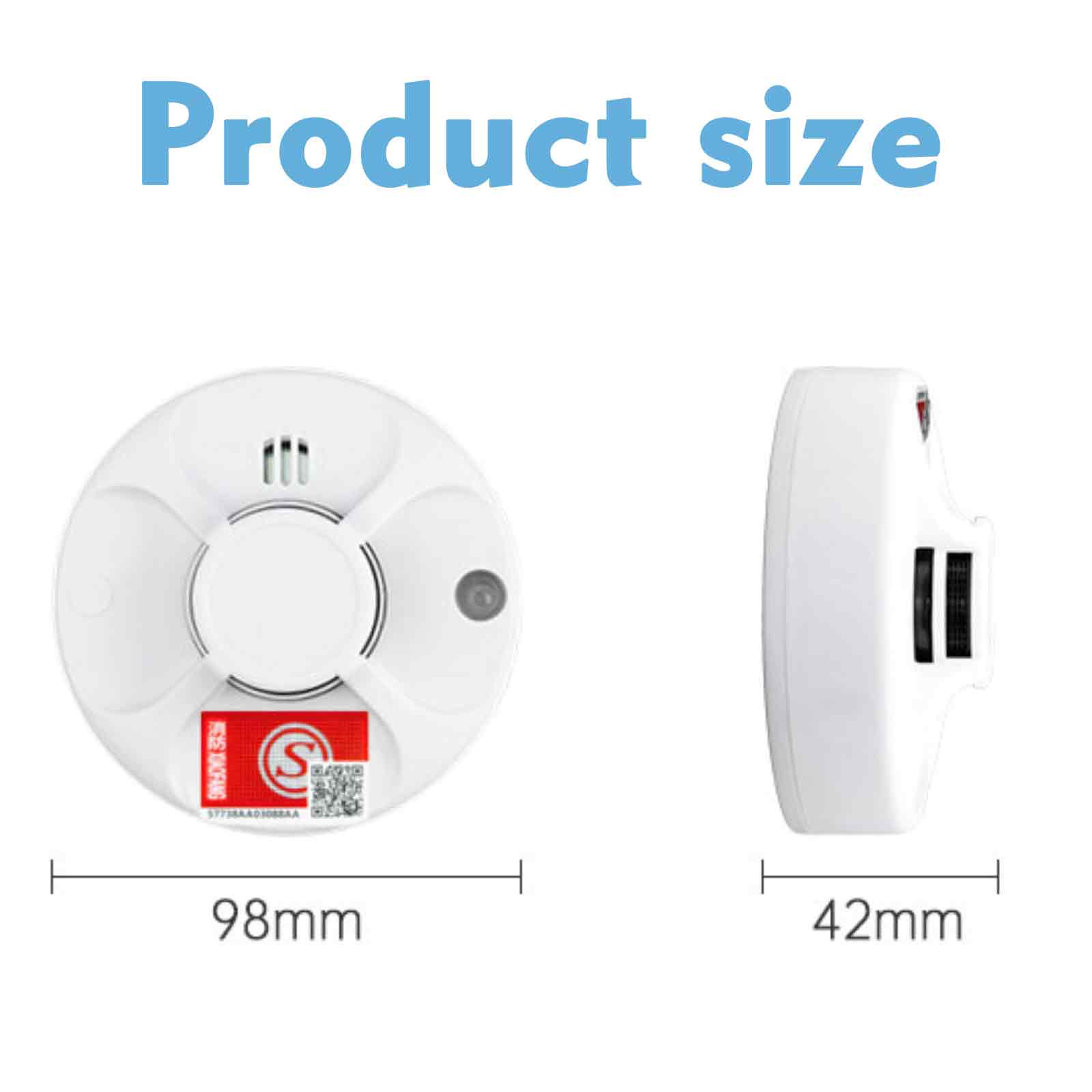 Ein weißer Rauchmelder und seine Seitenansicht sind abgebildet. Die Maße sind 98 mm und 42 mm. Der Titel lautet Produktgröße.