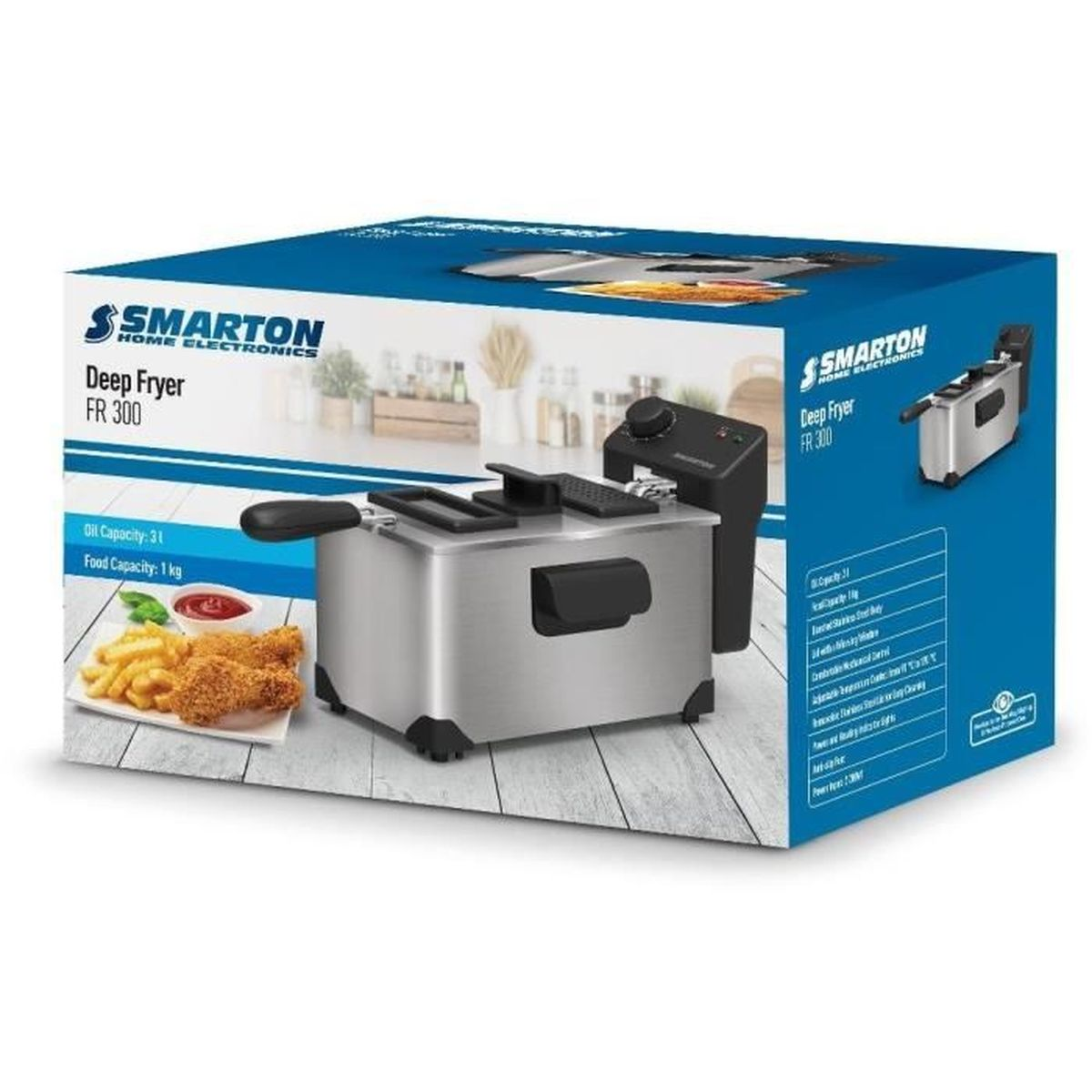 Una friggitrice Smarton FR 300 su una scatola blu. Ha una friggitrice e un pannello di controllo. Vengono mostrate patatine fritte e pollo.