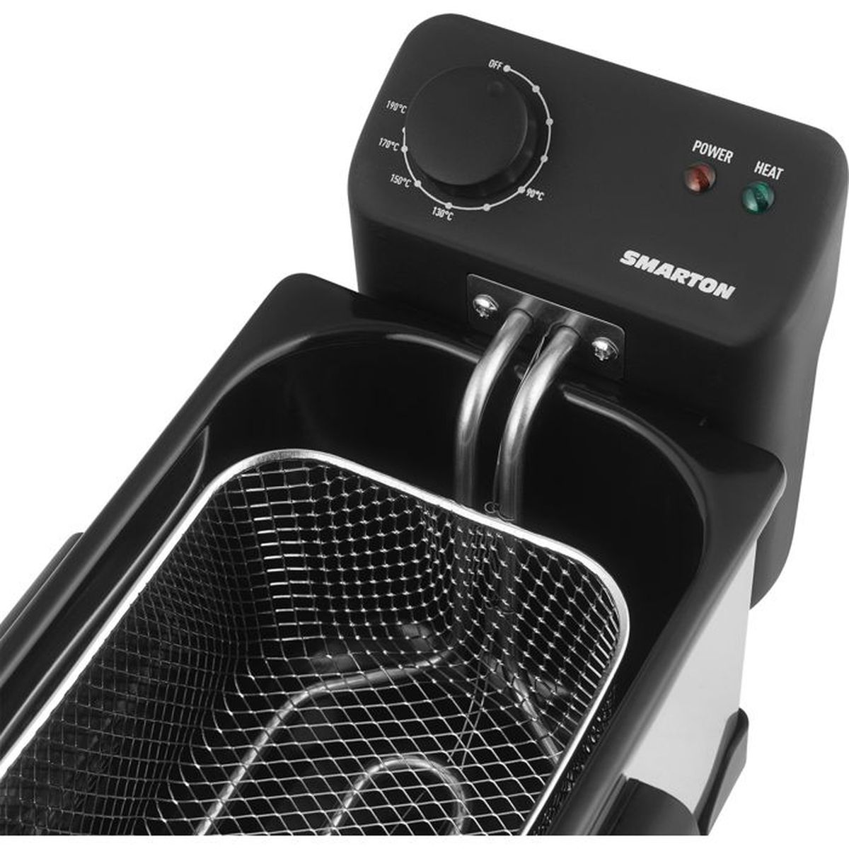 Una friggitrice nera con quadrante di controllo della temperatura, indicatori di alimentazione e calore e un cestello in metallo.
