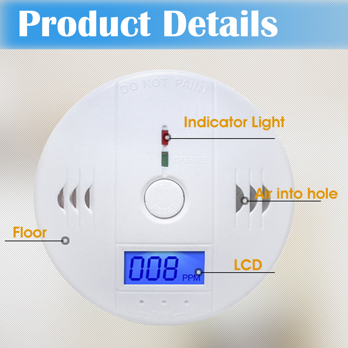 Ein weißes, rundes Gerät mit LCD, das "008 PPM" anzeigt. Es hat Kontrollleuchten und Löcher mit der Aufschrift "Air into hole".