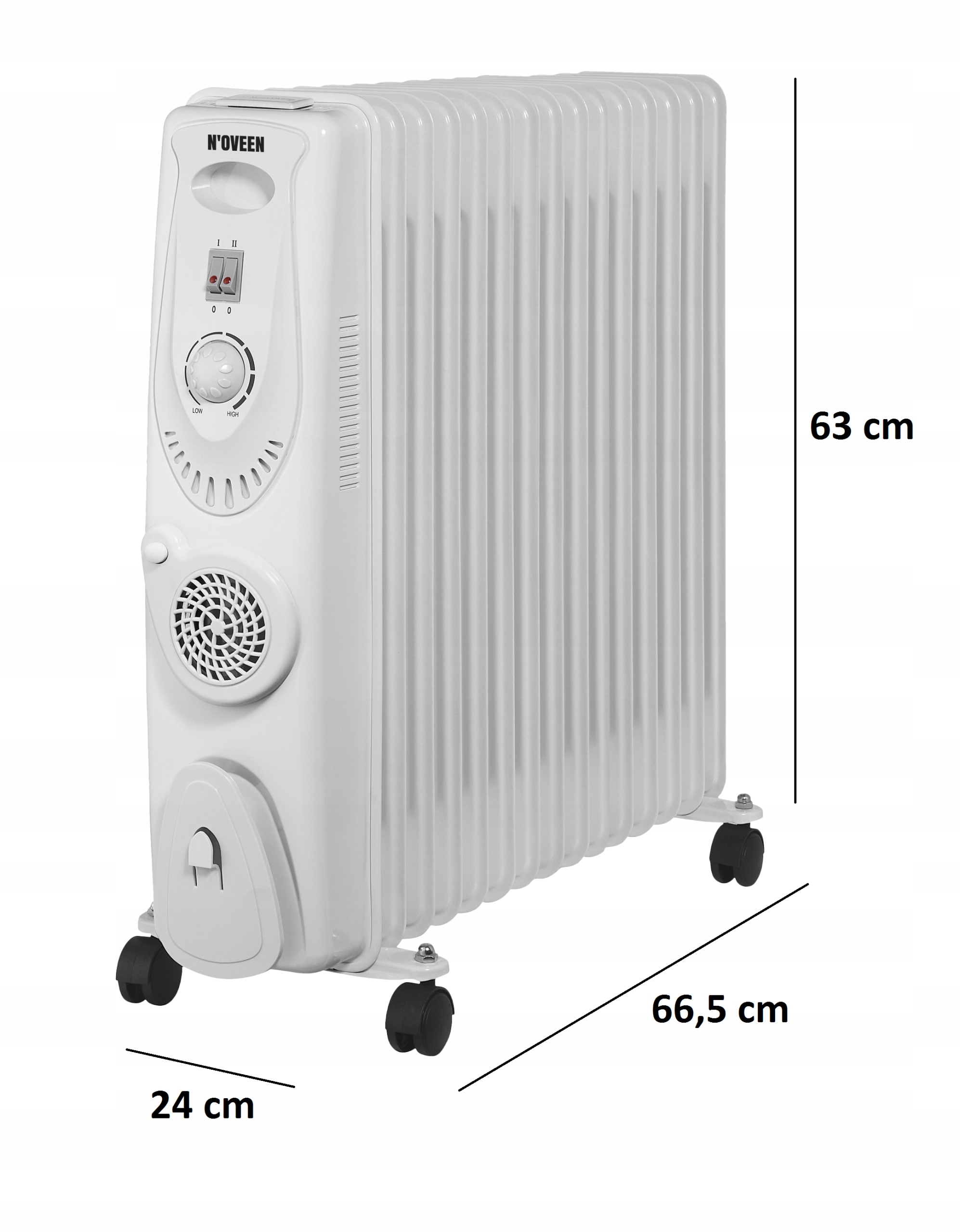 Radiatore a olio bianco con dimensioni etichettate, inclusa un'altezza di 63 cm e una larghezza di 66,5 cm.