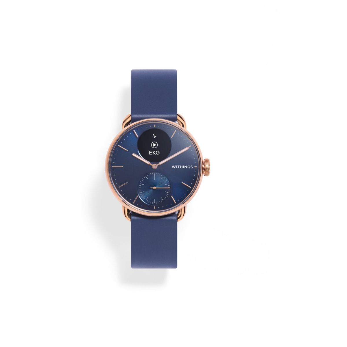 Eine marineblaue Smartwatch mit roségoldfarbenem Gehäuse und marineblauem Armband. Das Zifferblatt zeigt EKG-Informationen und das Withings-Logo.