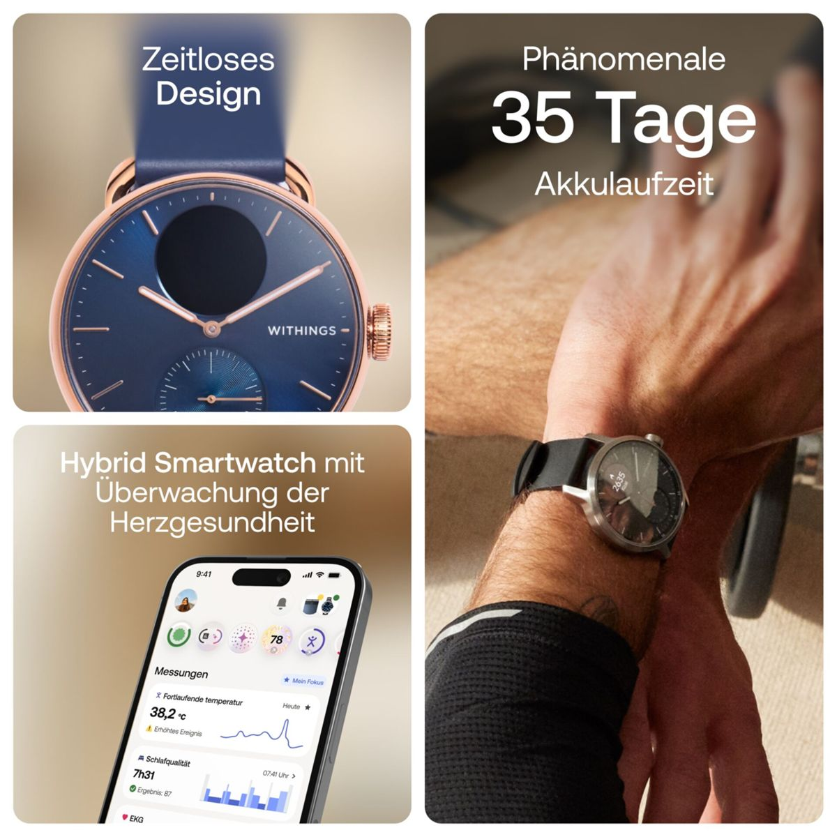 Das Bild zeigt eine Smartwatch mit Gesundheitsüberwachungsfunktionen. Es enthält eine Uhr am Handgelenk, einen Telefonbildschirm und Text.