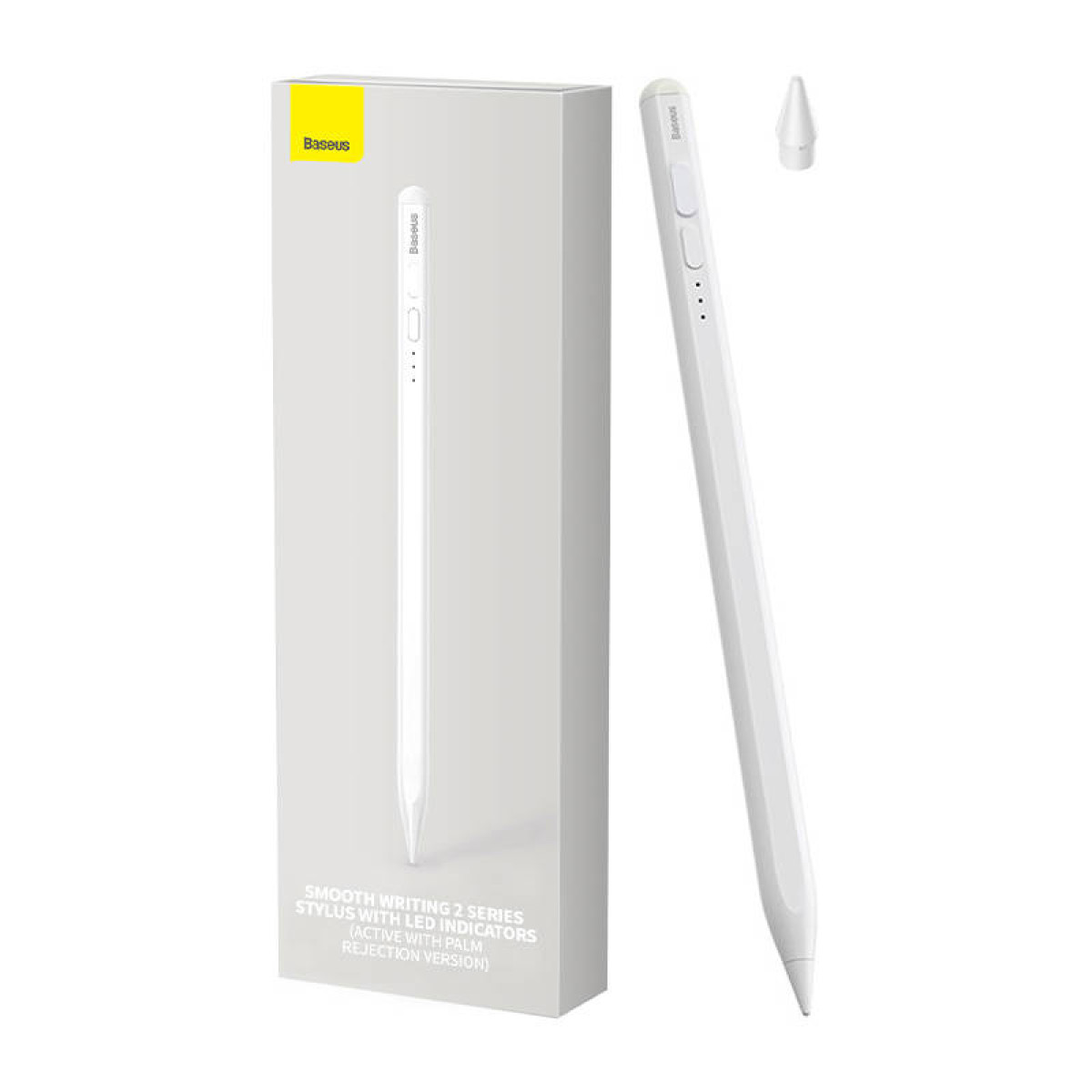 Ein weißer Stift und seine Box auf weißem Hintergrund. Die Box hat das Baseus-Logo und Text. Der Stift hat LED-Anzeigen.