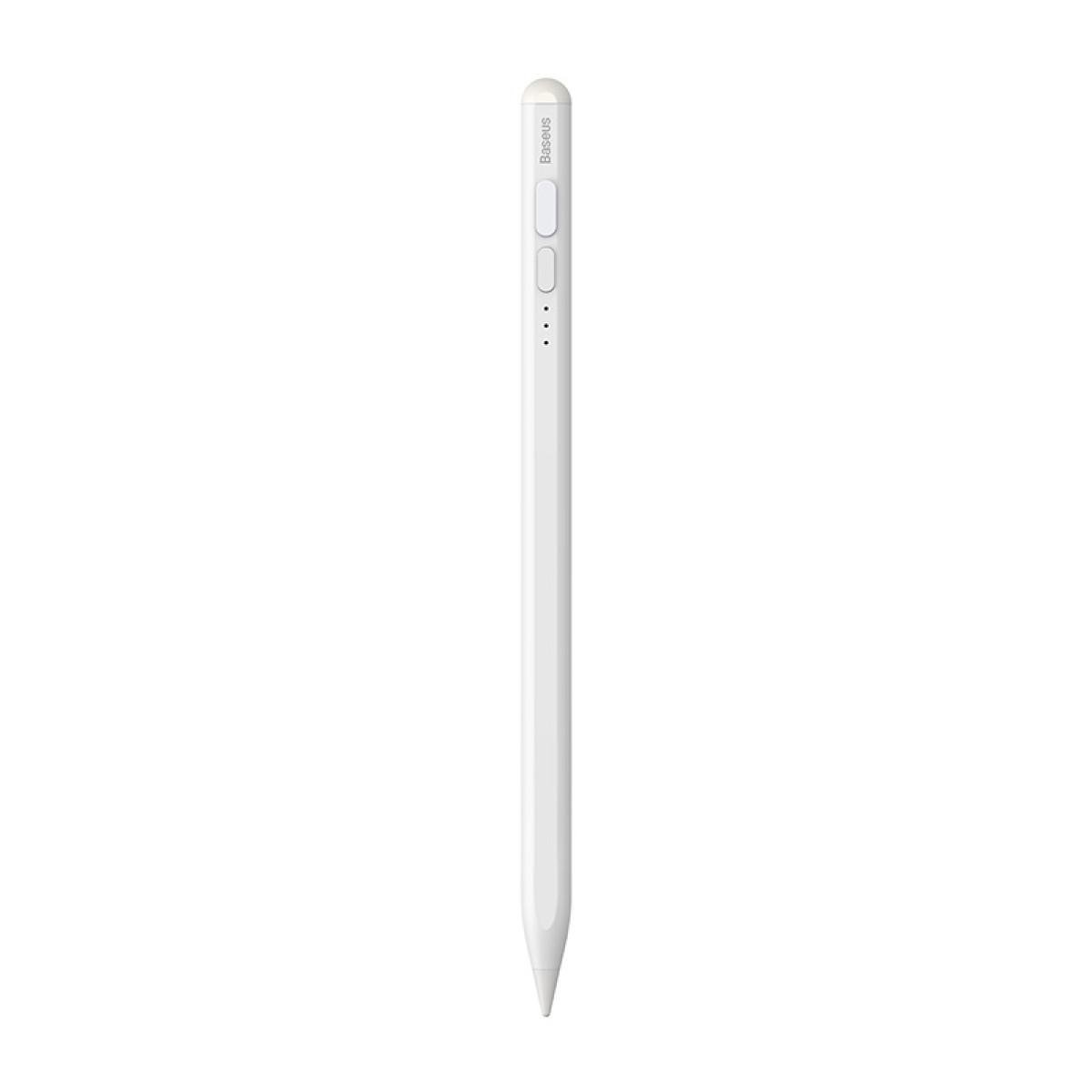 Ein weißer Stift mit abgerundeter Spitze und spitzer Spitze. Er hat eine Betriebsanzeige und den Markennamen 'Baseus'.