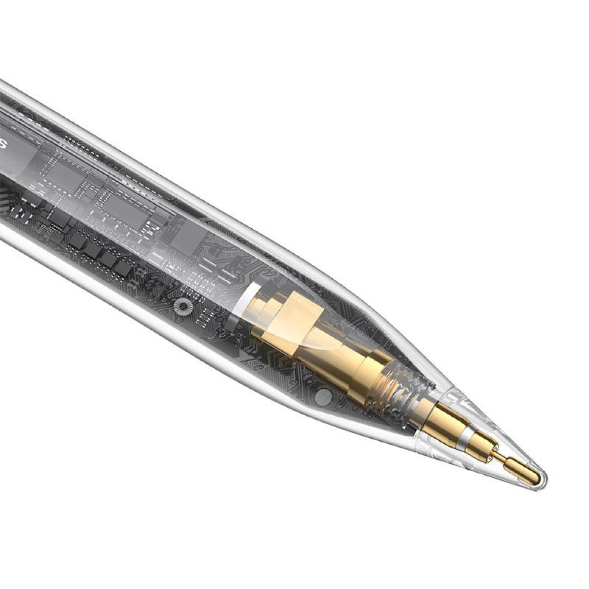 Ein Stift mit transparentem Gehäuse, der Innenkomponenten zeigt. Eine goldfarbene Spitze und ein Innenmechanismus sind sichtbar, mit Leiterplattendetails.