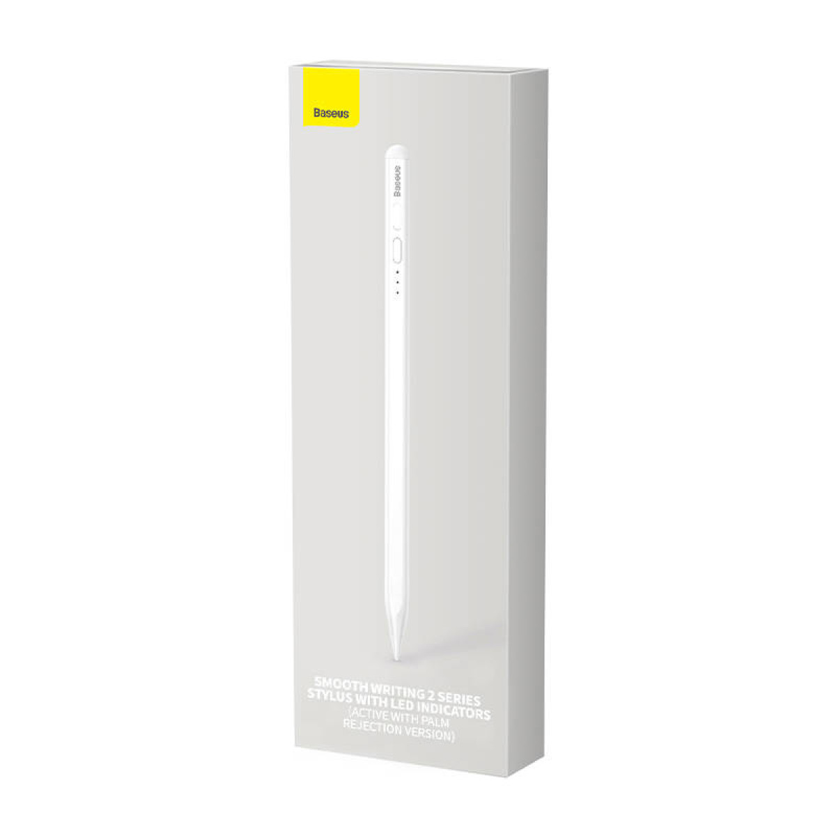 Ein weißer Stift mit LED-Anzeigen befindet sich in einer Schachtel. Die Schachtel hat das Baseus-Logo und Produktdetails. Der Hintergrund ist weiß.