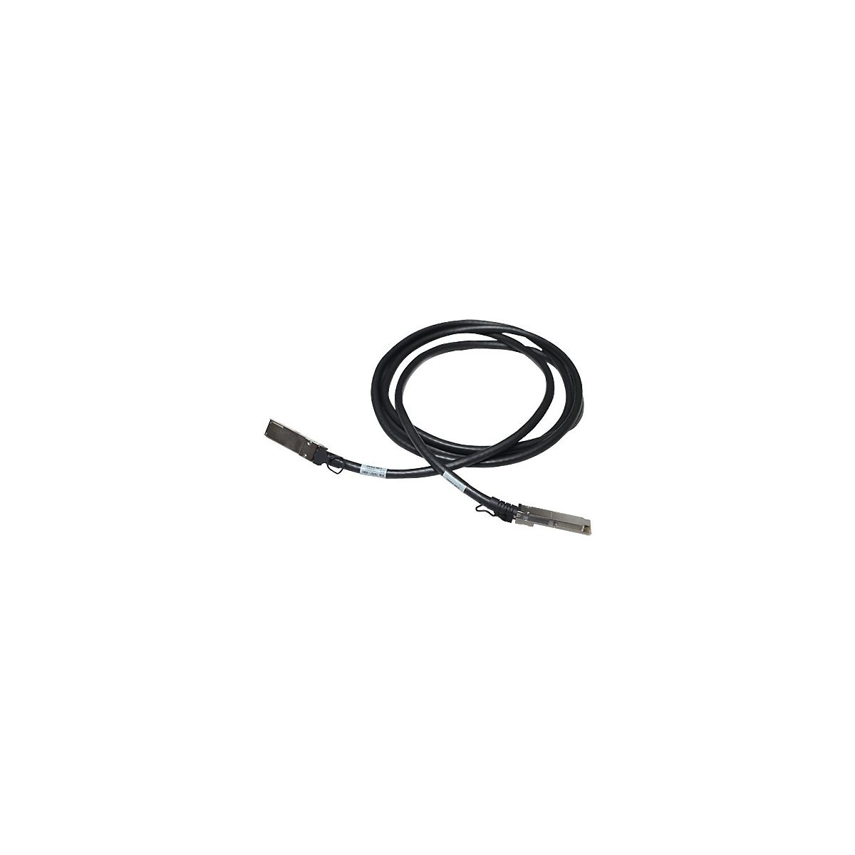 Un cavo di rete nero con connettori argentati a ciascuna estremità, arrotolato in un anello su sfondo bianco.
