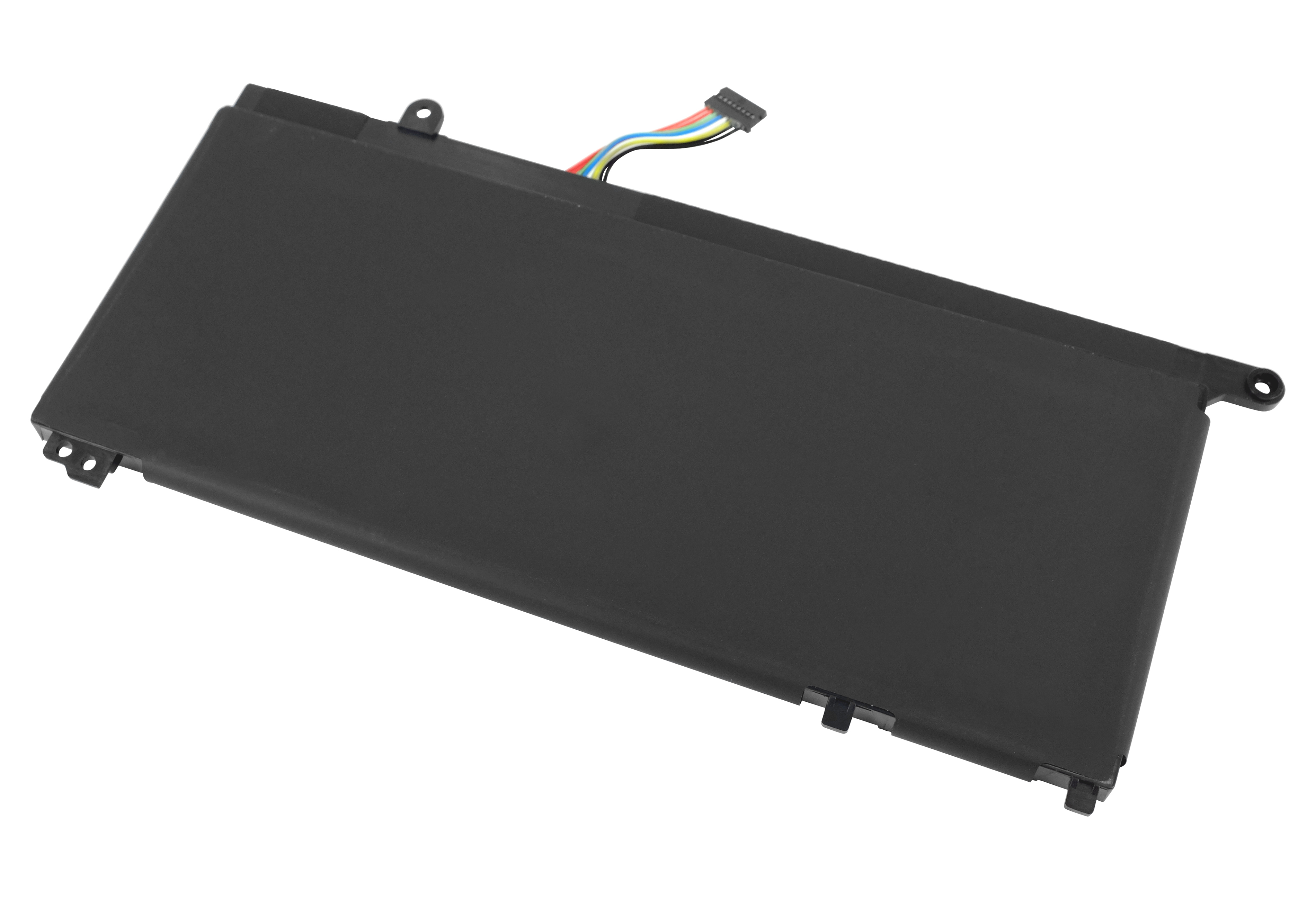 Schwarzer rechteckiger Laptop-Akku mit farbigen Drähten und Stecker auf weißem Hintergrund.