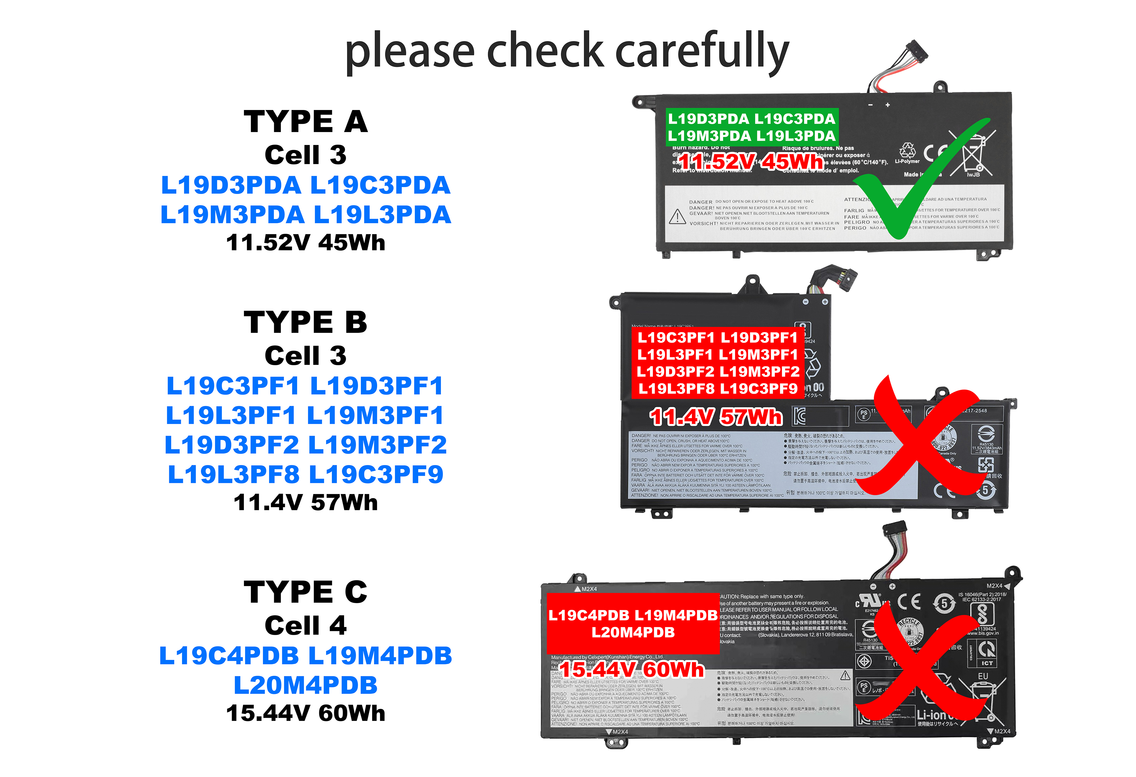 Das Bild zeigt Laptop-Akkus mit Etiketten und Warnhinweisen. Text enthält Spannung, Modellnummern und Sicherheitshinweise.