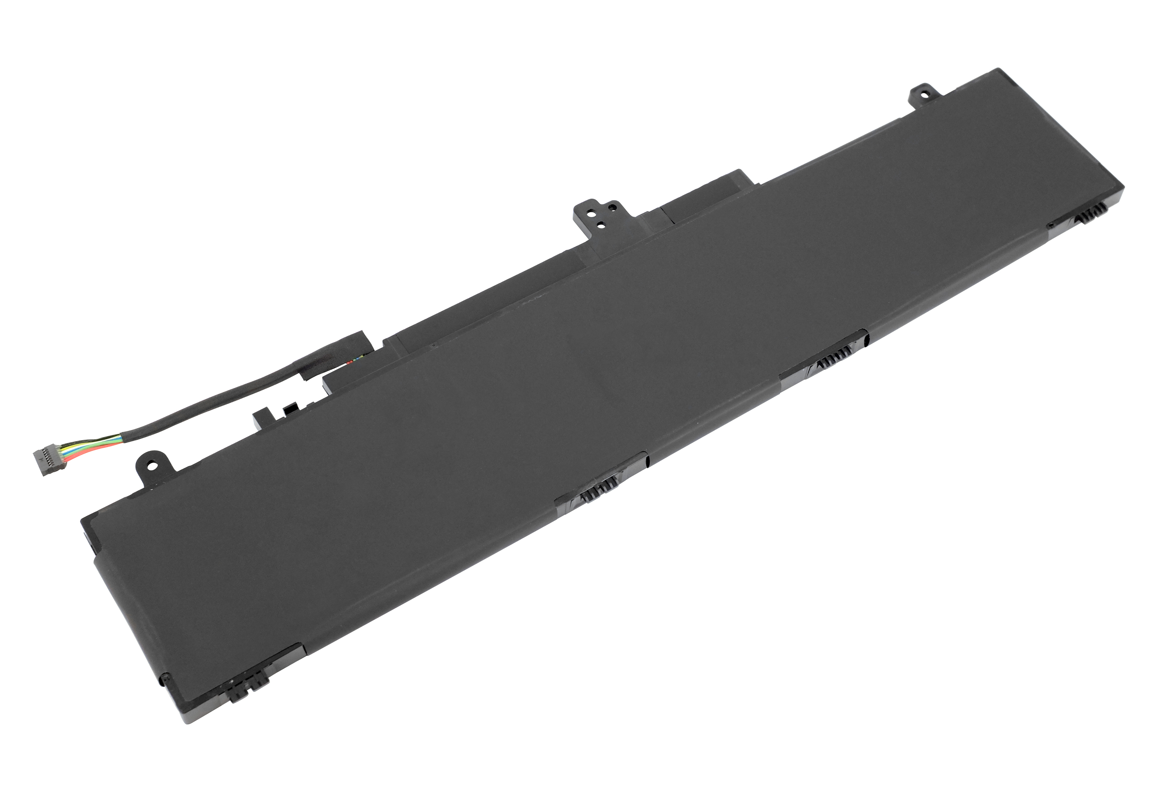 Ein schwarzer Laptop-Akku auf weißem Hintergrund. Es hat einen Anschluss mit Drähten und einige kleine Details.