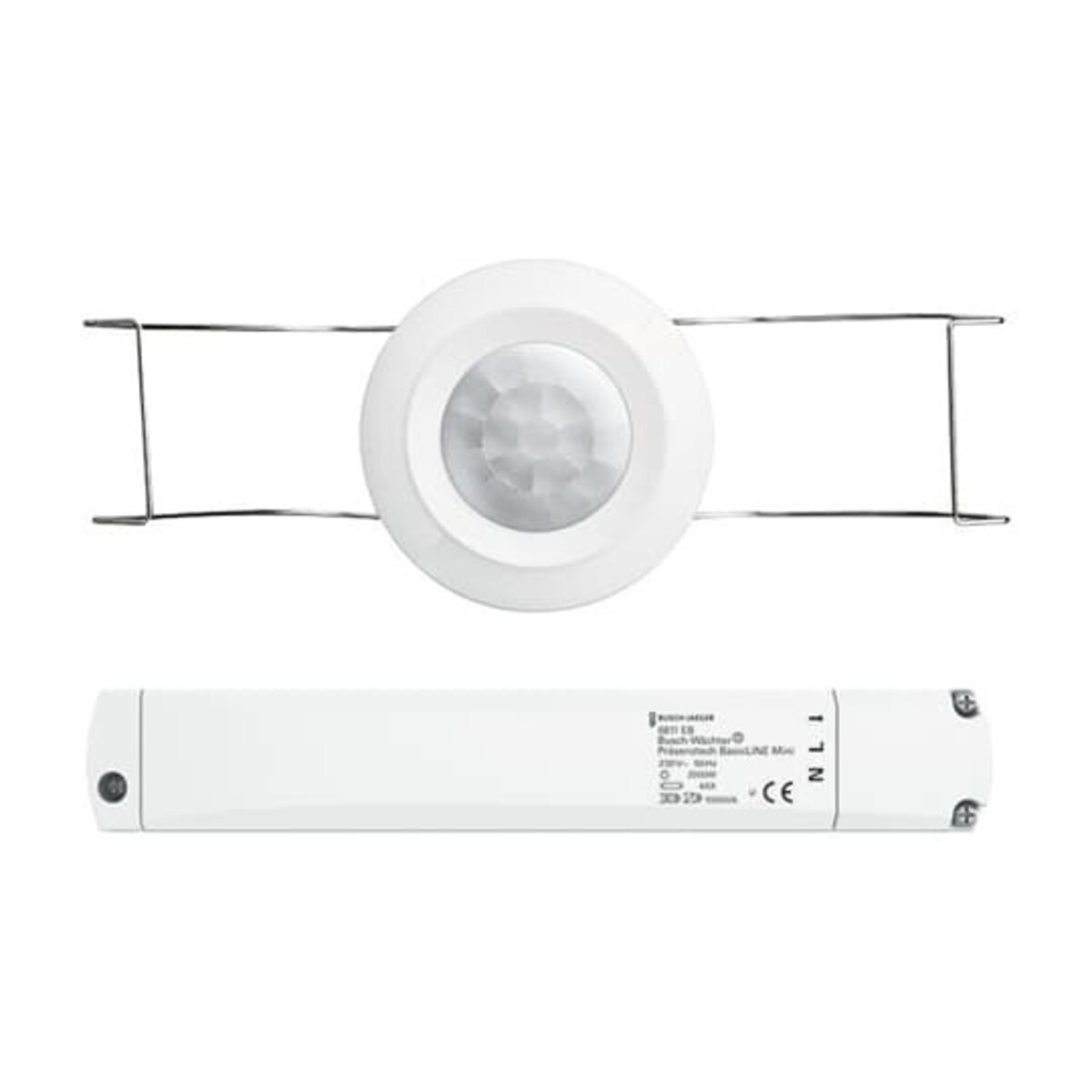 Un sensore di movimento bianco con corpo cilindrico e testa rotonda, staffe metalliche e un componente rettangolare sottostante.