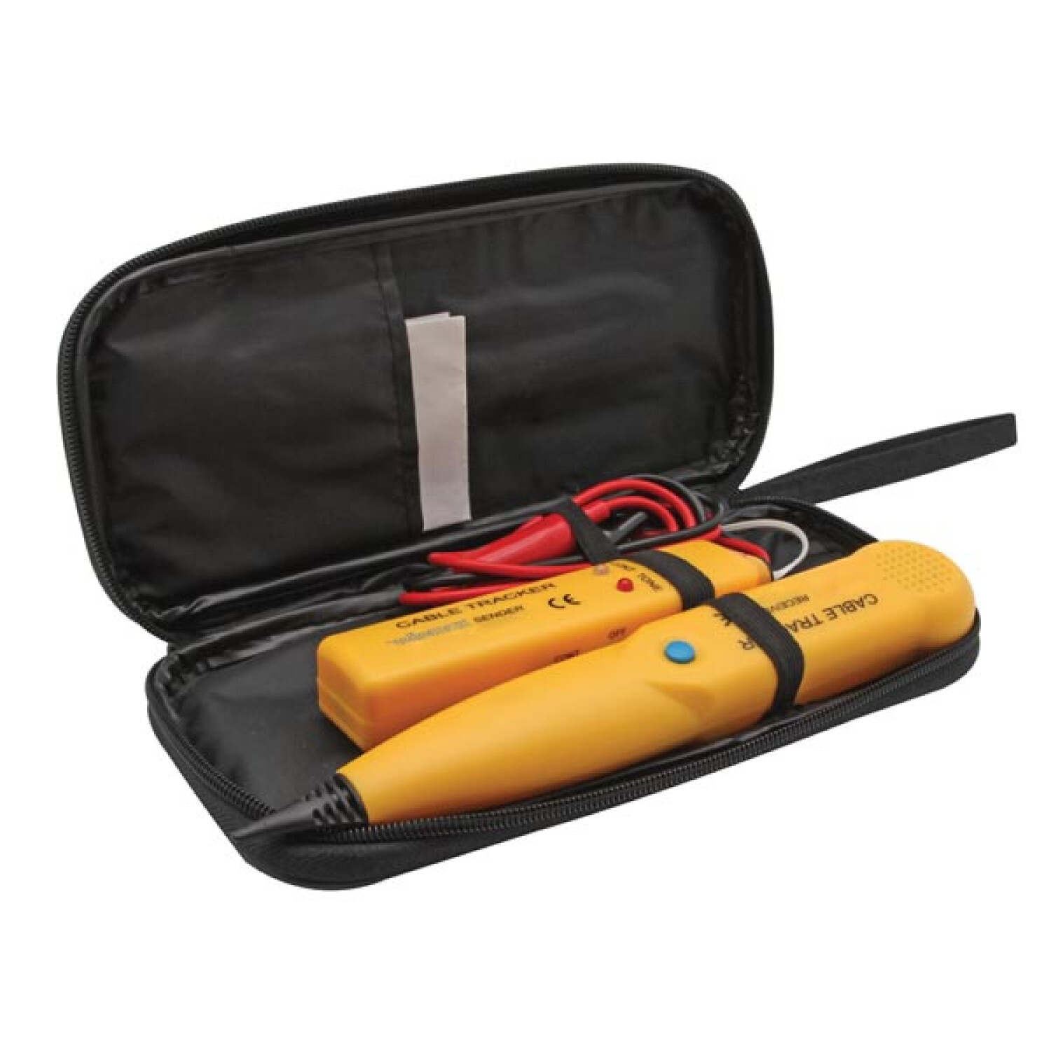 Ein gelbes Kabelortungs-Kit liegt offen in einem schwarzen Koffer. Das Kit enthält einen Empfänger und einen Sender mit roten und schwarzen Drähten.