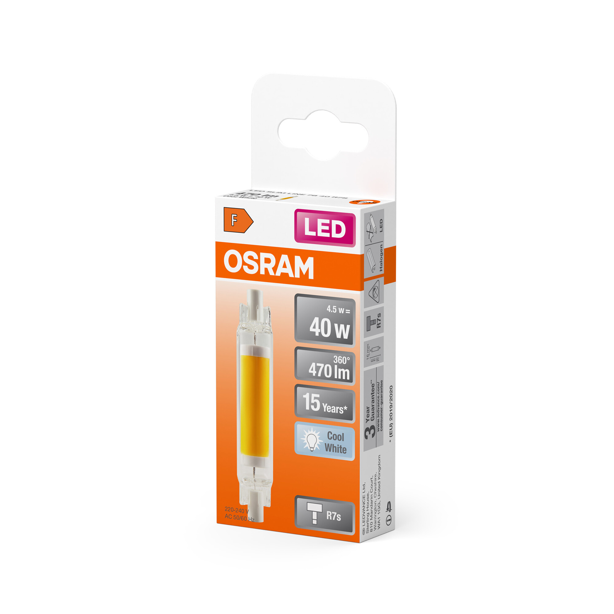 Eine Osram LED-Glühbirnenverpackung. Sie ist orange und weiß, mit Produktdetails und einer sichtbaren Glühbirne.