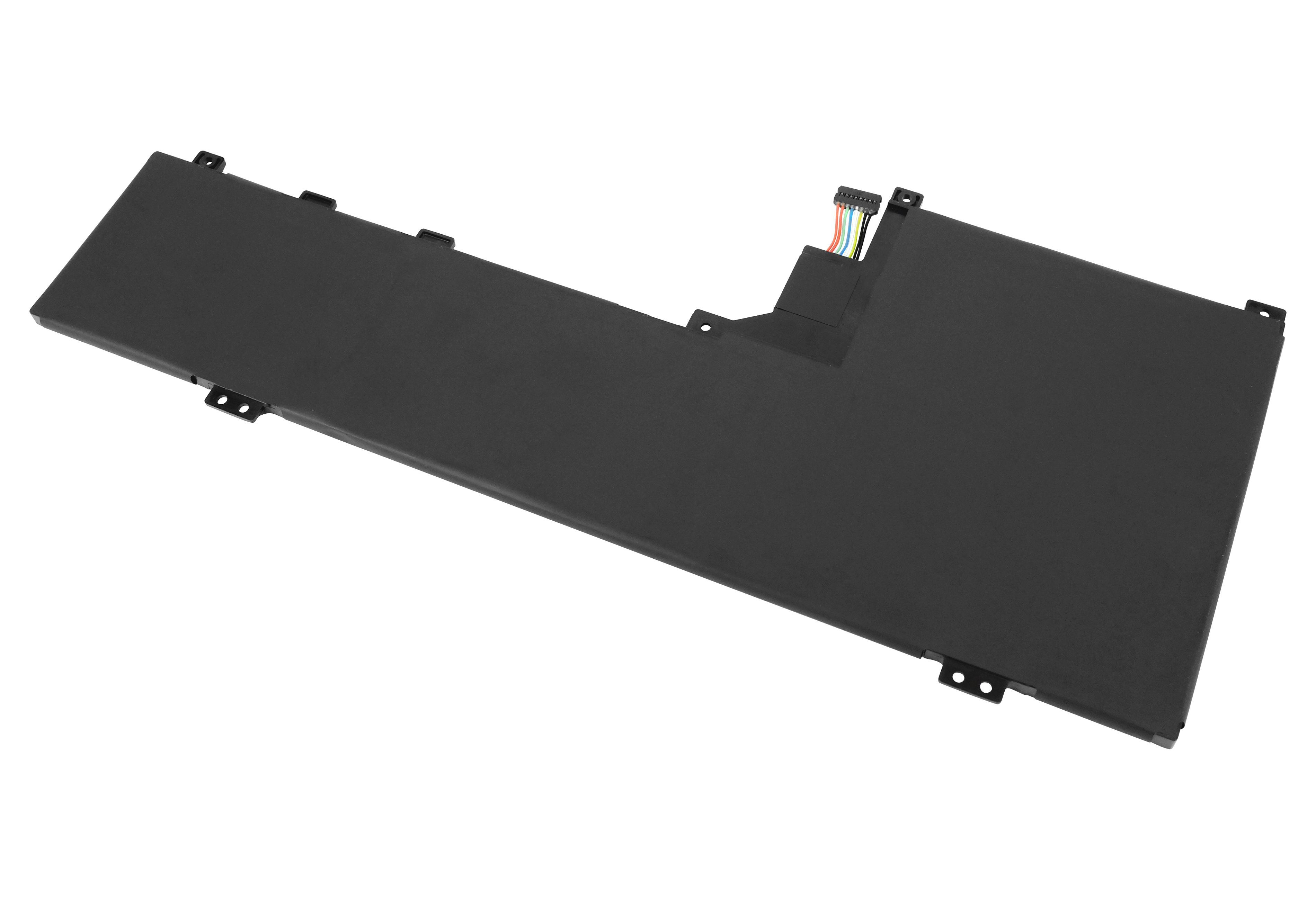 Ein schwarzer Laptop-Akku mit Stecker und farbigen Drähten. Er ist rechteckig mit Befestigungsclips.