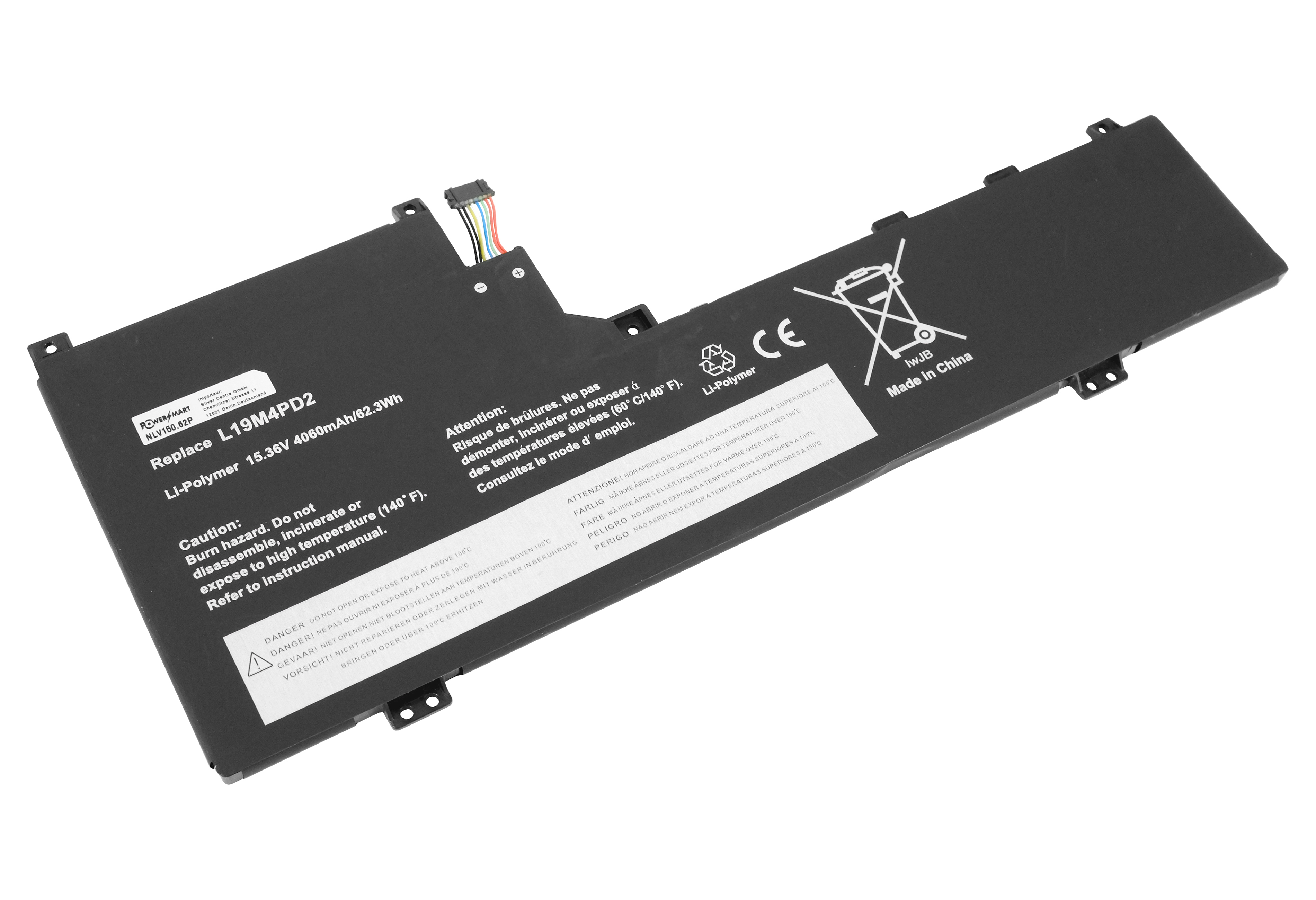 Ein Laptop-Akku mit Warnhinweisen und technischen Details.