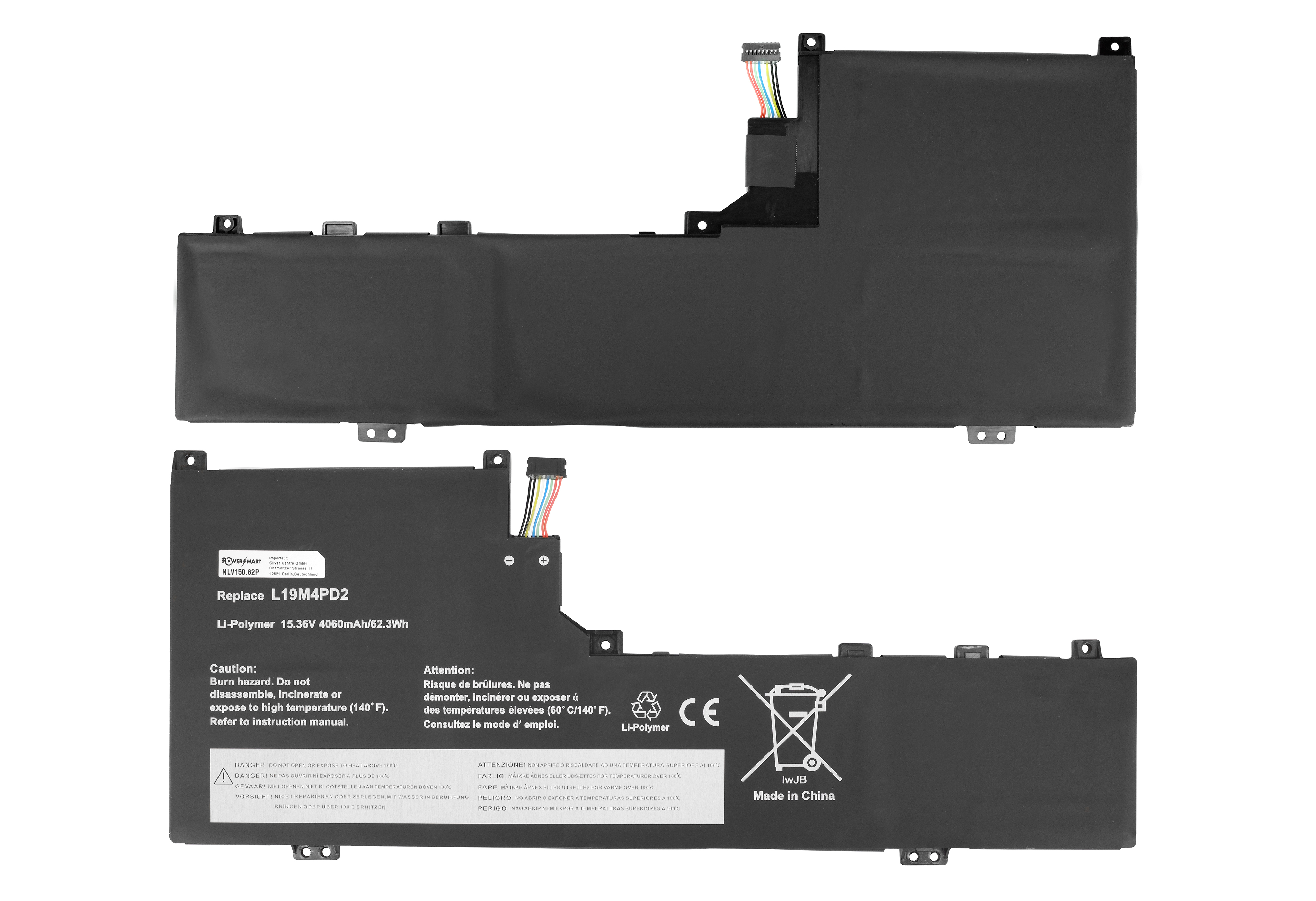 Laptop-Akku mit Warnhinweisen und Recycling-Symbol. Schwarzes Gehäuse, Drähte und Text auf weißem Hintergrund.