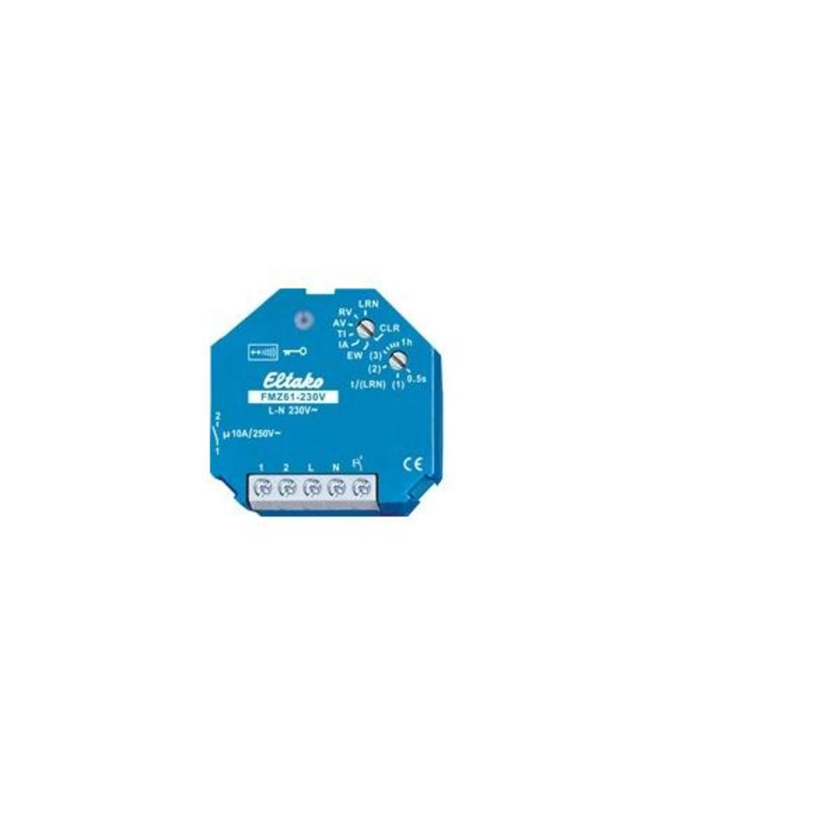 Un componente elettrico blu con testo e simboli. Ha punti di connessione e il marchio 'Eltako' è visibile sul fronte.