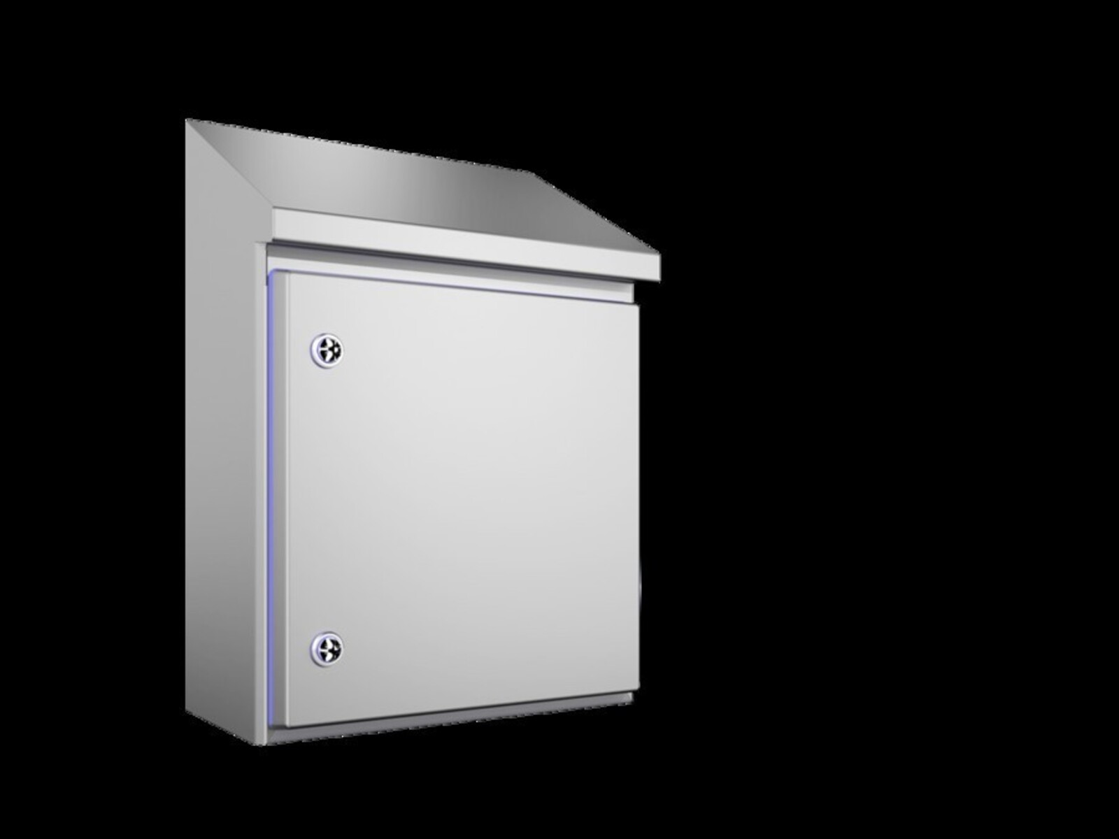 Un quadro elettrico metallico grigio chiaro su sfondo nero. La scatola ha un coperchio inclinato, una porta e viti visibili.