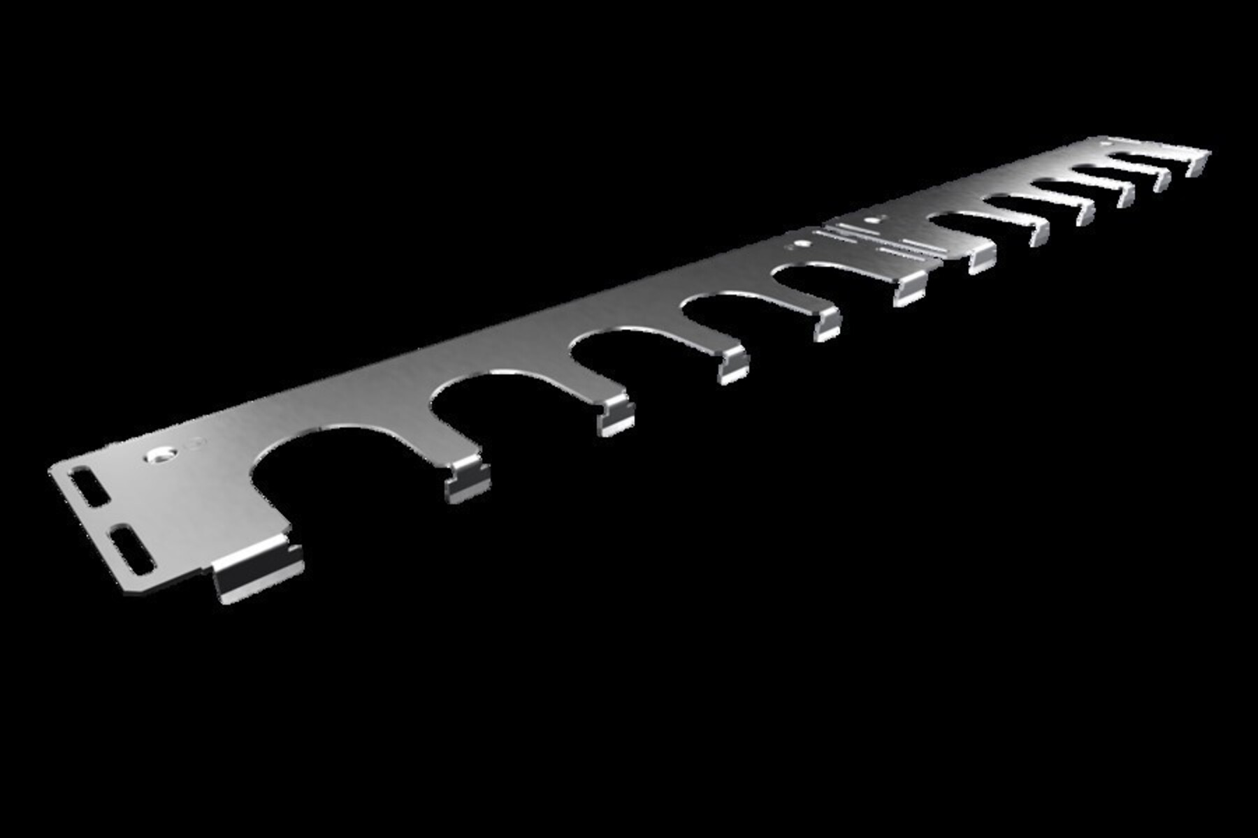 Uno strumento metallico a forma di pettine, con intagli curvi e linguette rettangolari, su sfondo nero.