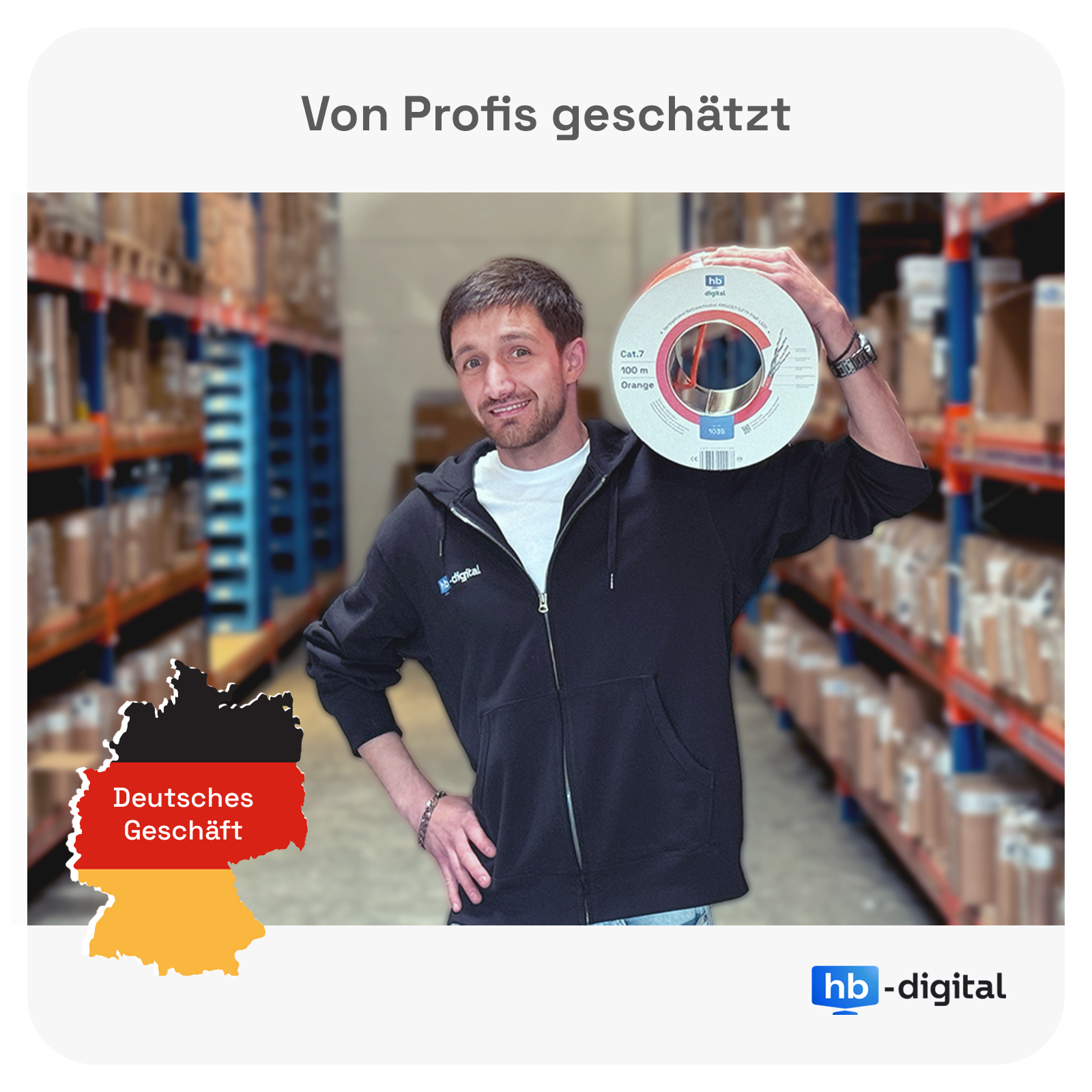 Mann hält Kabelrolle in Lager. Text sagt 'Von Profis geschätzt' und 'Deutsches Geschäft'.
