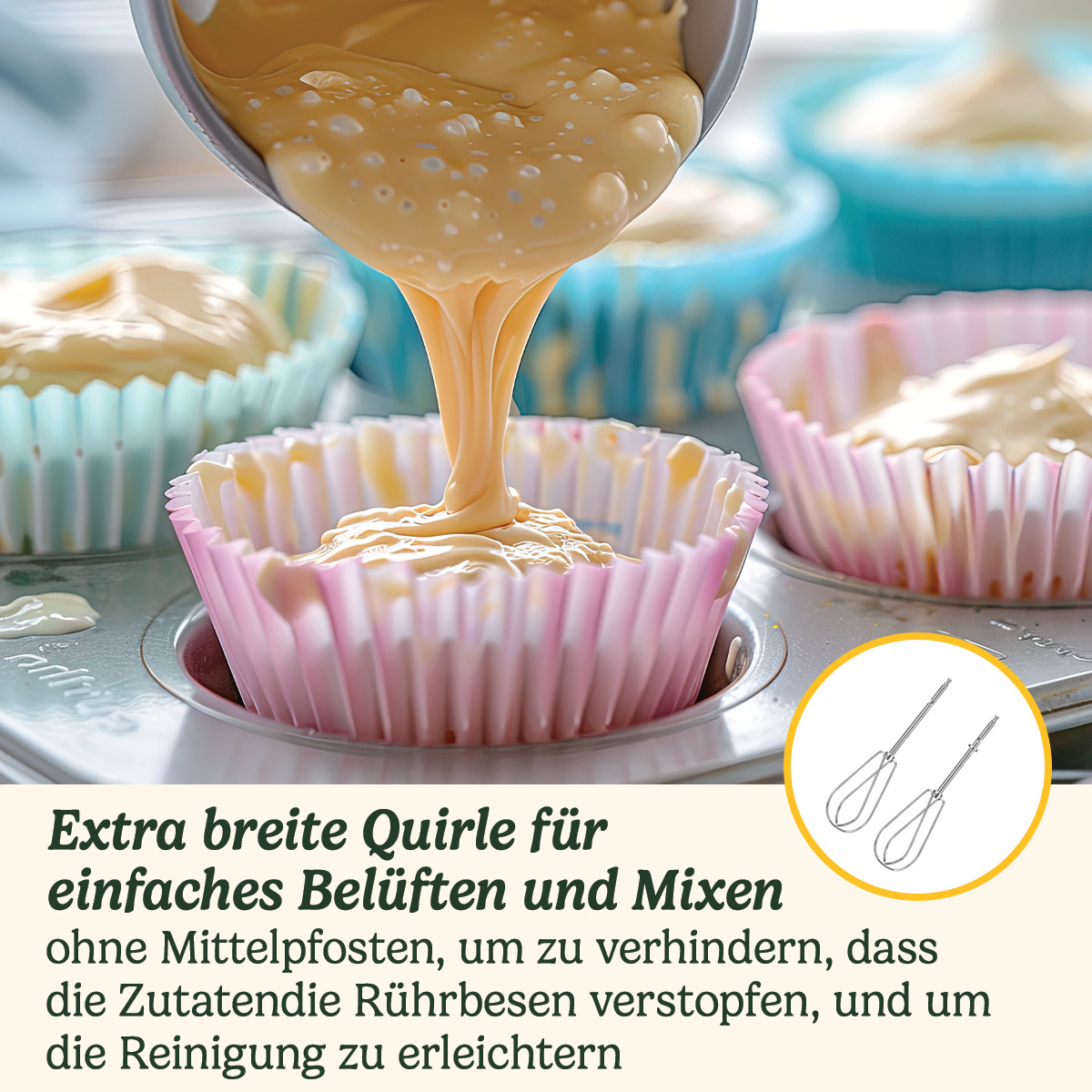 Beslag wordt in roze cupcakevormpjes in een muffinvorm gegoten. Andere gevulde vormpjes staan op de achtergrond. Illustratie van een garde.