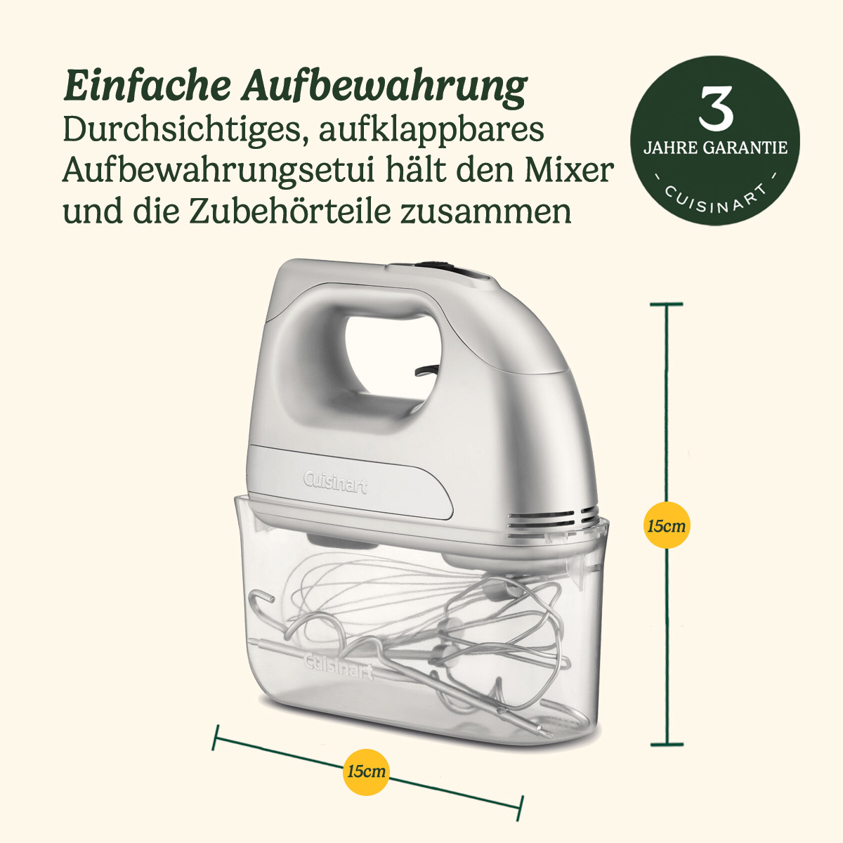 Een zilveren handmixer met opzetstukken in een transparante opbergkoffer. De afbeelding toont afmetingen en een garantiezegel.