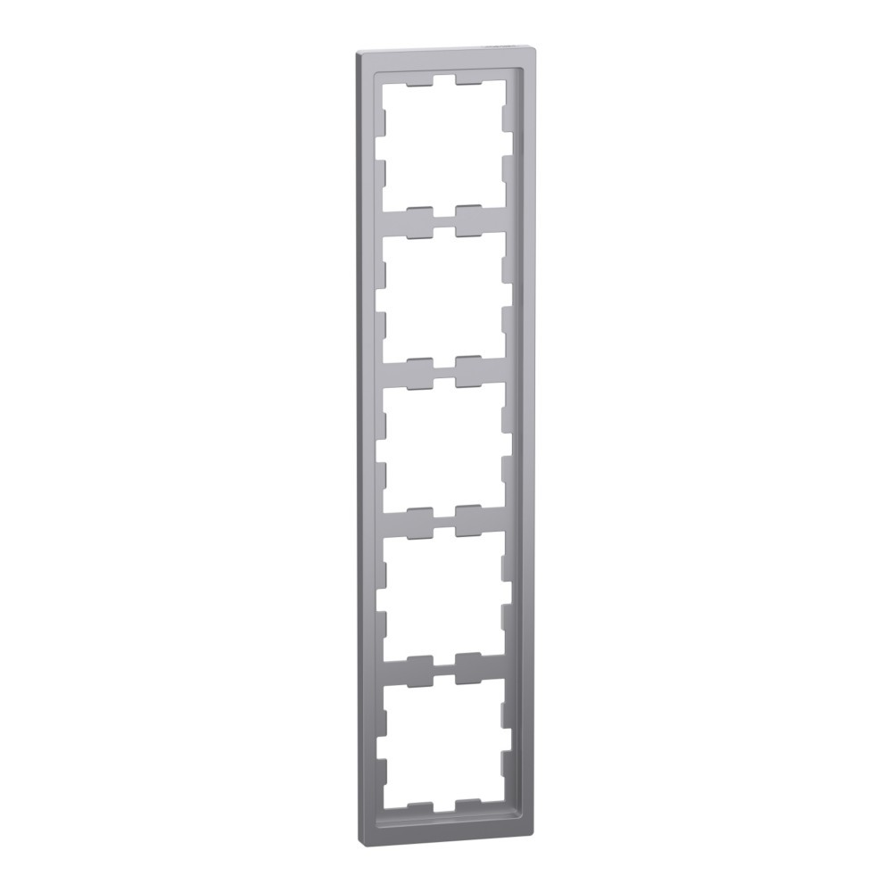 Un telaio grigio per prese elettriche con cinque aperture rettangolari. È una forma verticale allungata su sfondo bianco.