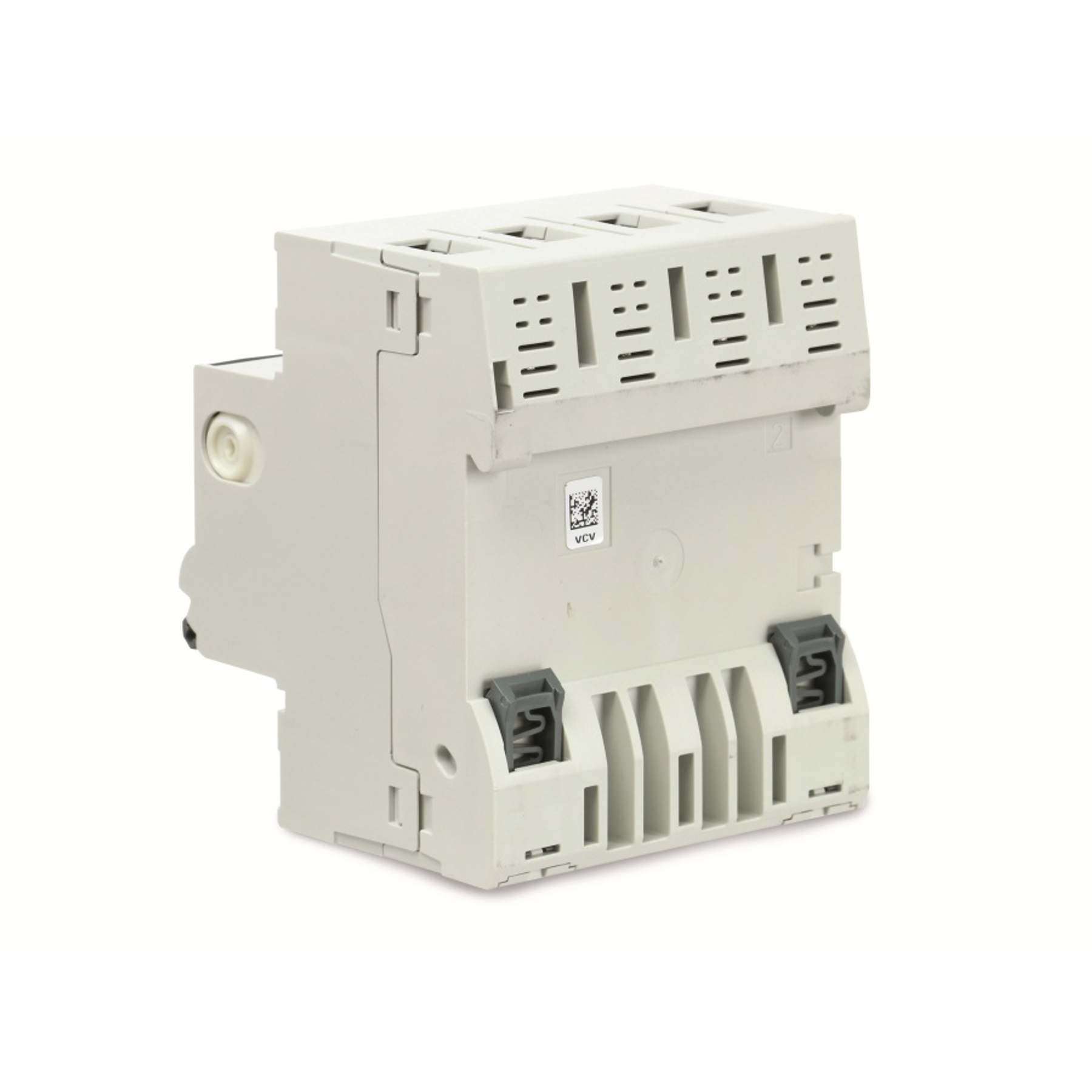 Ein beiges elektronisches Bauteil mit grauen Clips und Lüftungsschlitzen auf weißem Hintergrund. Es hat einen Aufkleber mit VCV.