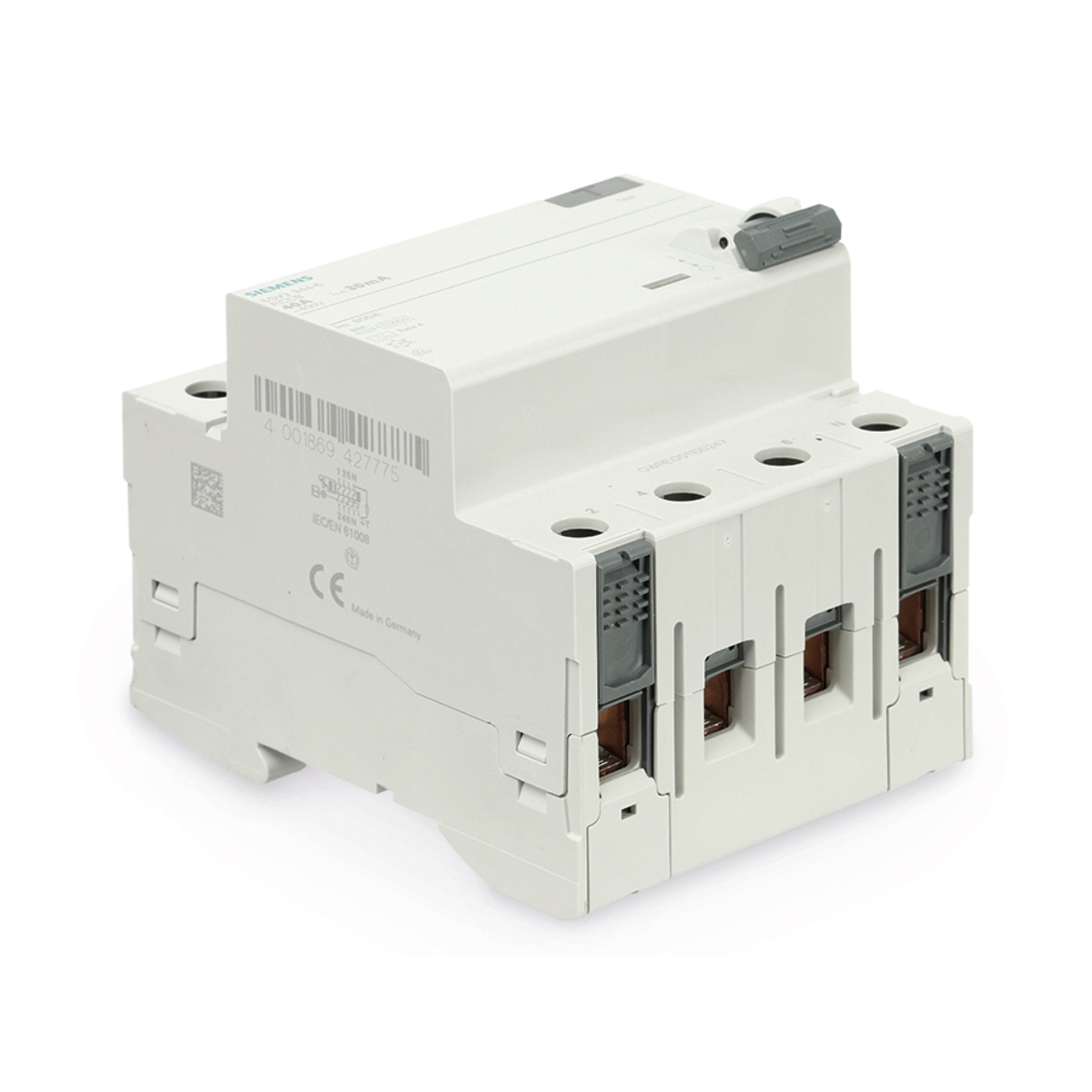 Ein weißes elektrisches Gerät mit grauen Akzenten, Text und Etiketten. Es hat mehrere Anschlüsse und einen Schalter.