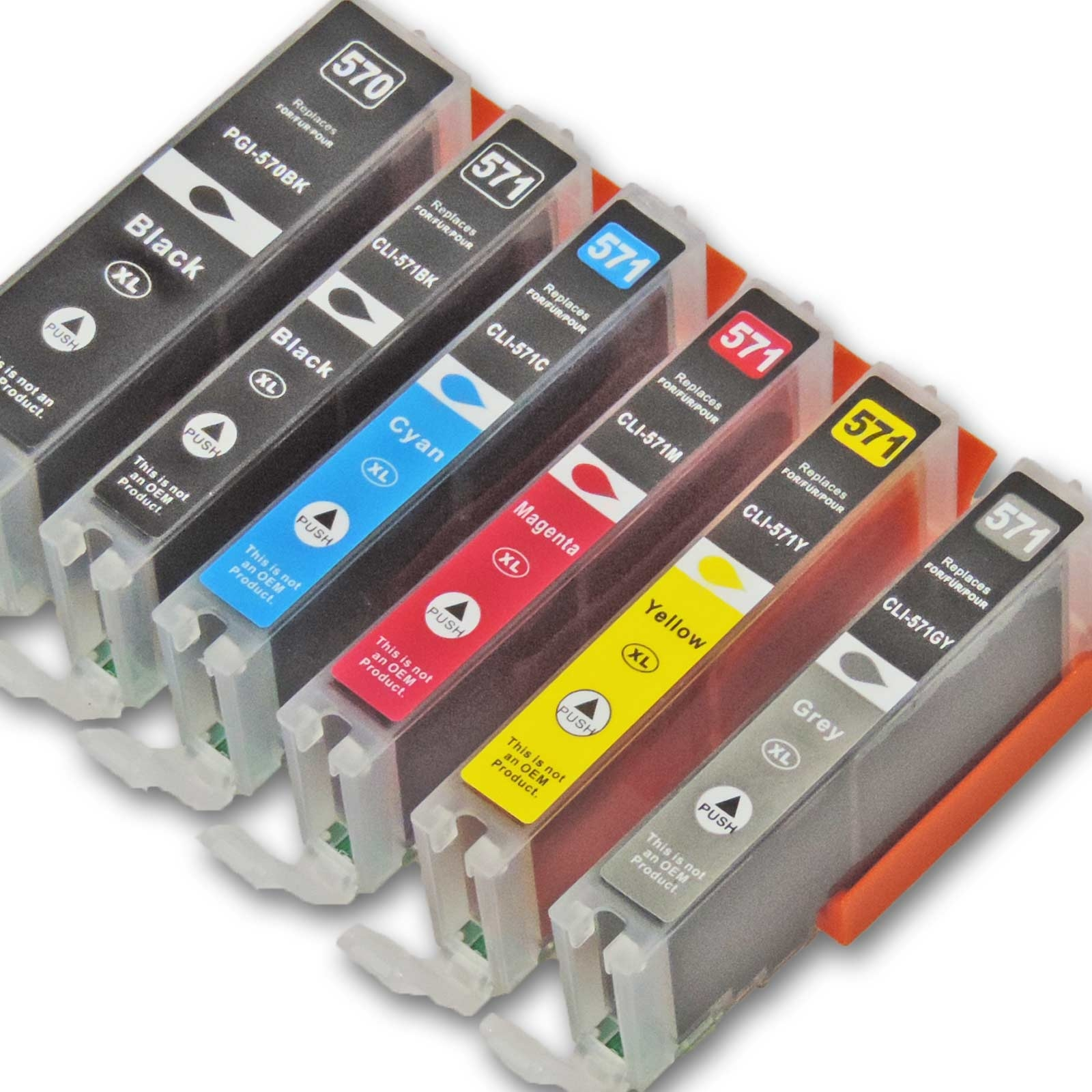 Tintenpatronen in Schwarz, Cyan, Magenta, Gelb und Grau. Jede Patrone hat ein Farbetikett und XL-Kennzeichnung.