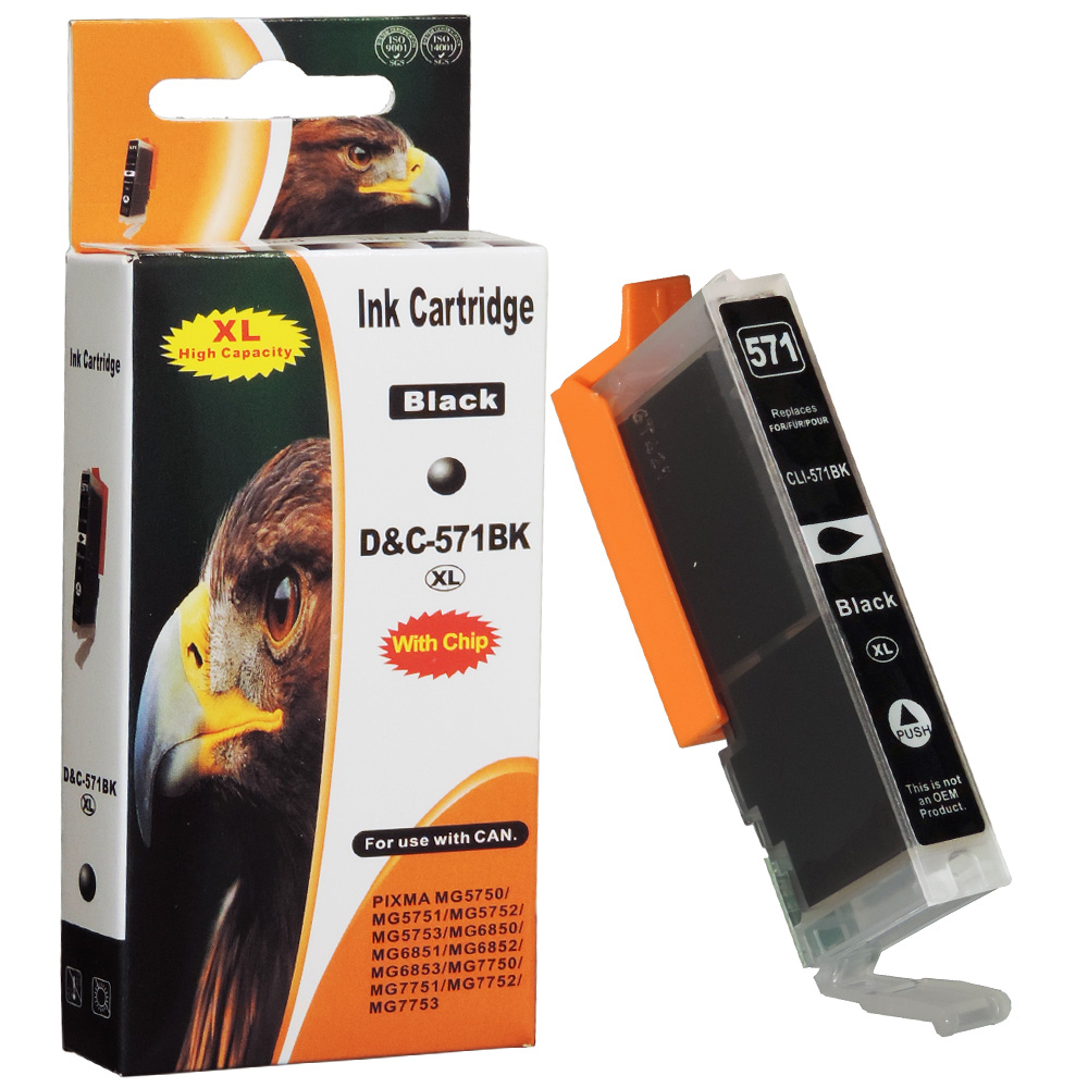 Eine Tintenpatronenbox und eine Patrone werden angezeigt. Die Box zeigt einen Falken. Die Patrone ist schwarz, orange und weiß.