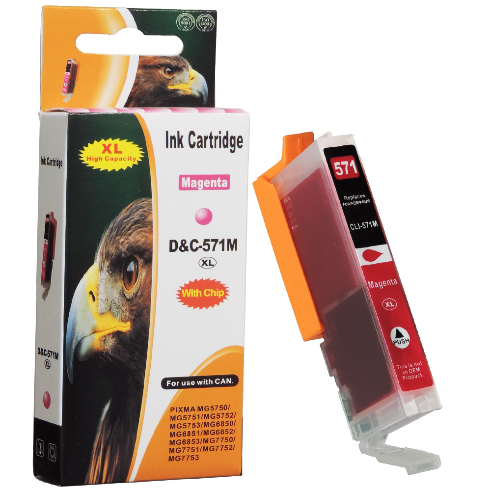 Eine Tintenpatronenbox und eine Tintenpatrone. Die Box zeigt einen Adler und die Patrone ist magenta.