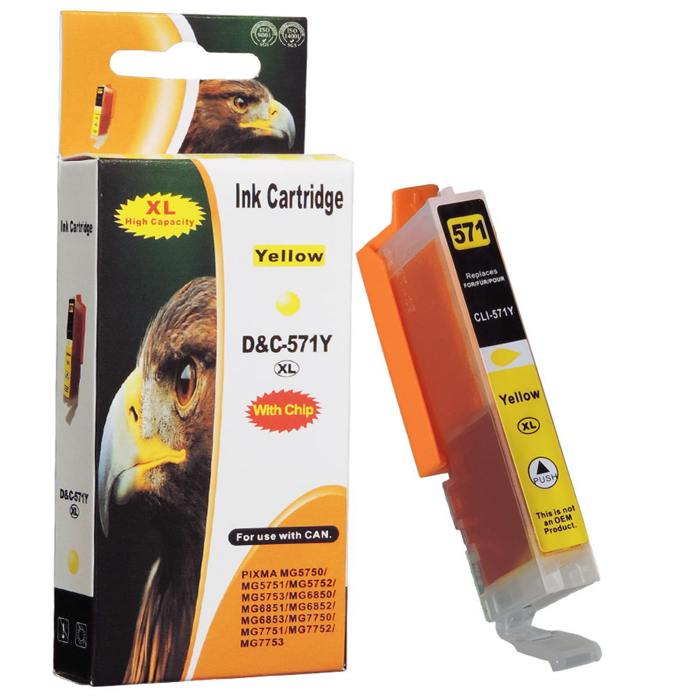 Tintenpatronenbox und -patrone. Box ist gelb und schwarz mit Adler. Patrone ist gelb und orange, mit der Bezeichnung 571.