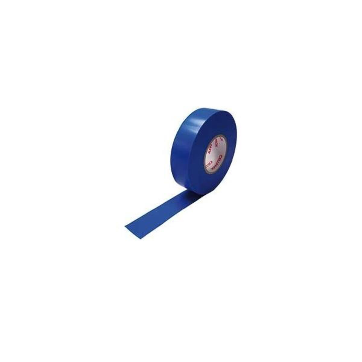 Un rotolo di nastro isolante blu con una striscia srotolata. Il nastro è su sfondo bianco.