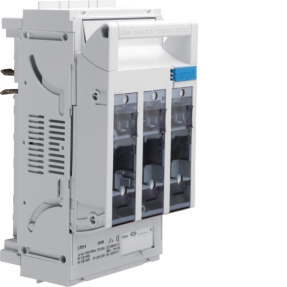 Un componente elettrico bianco con pannelli trasparenti, una maniglia ed etichette. Il dispositivo è per la distribuzione elettrica.