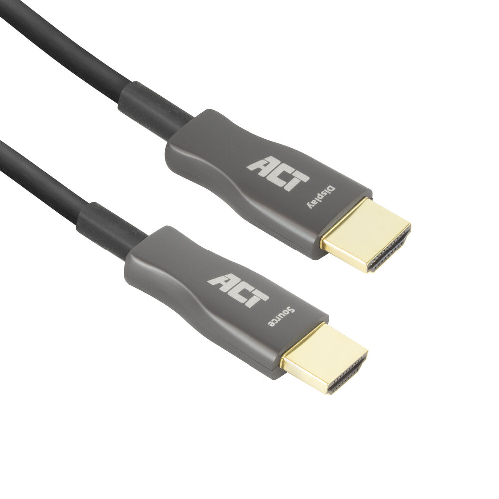 Twee zwarte HDMI-kabels met grijze connectoren. De connectoren zijn goudkleurig. ACT-logo is zichtbaar op connectoren.