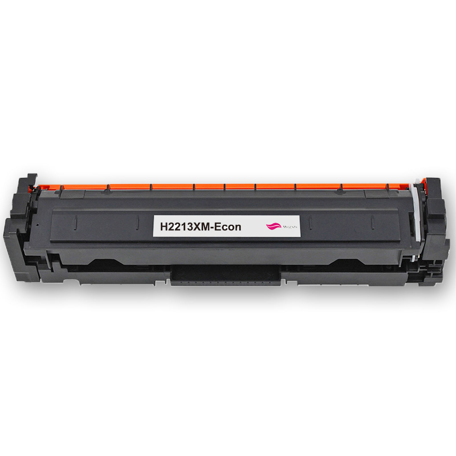 Eine Drucker-Tonerkartusche. Sie ist schwarz mit einem orangen Oberteil. Auf dem Etikett steht H2213Xm-Econ und hat ein magenta Logo.