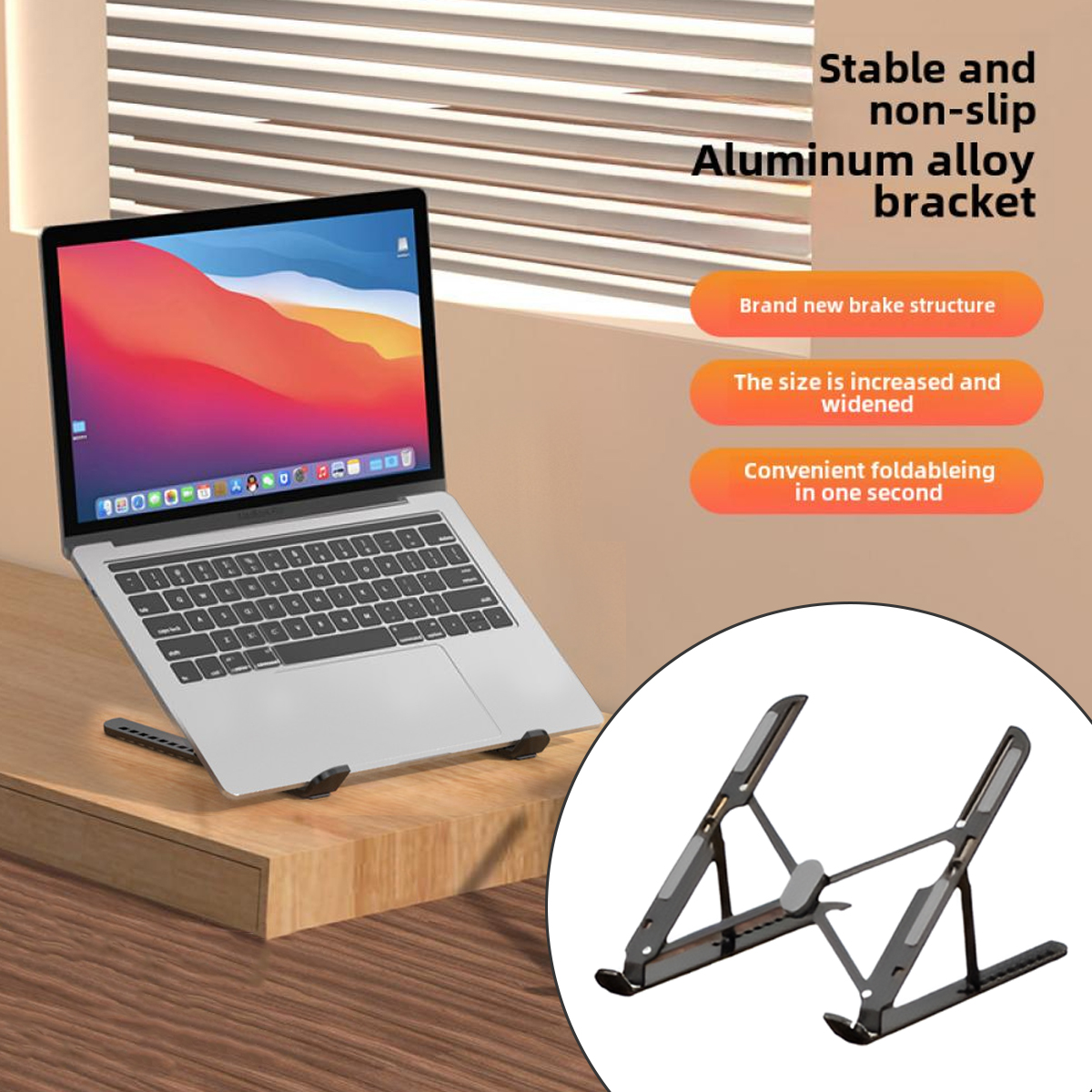 Ein Laptop auf einem Ständer. Der Ständer ist zusammengeklappt. Der Text auf der Seite besagt, dass es sich um eine stabile, rutschfeste Aluminiumlegierung handelt.