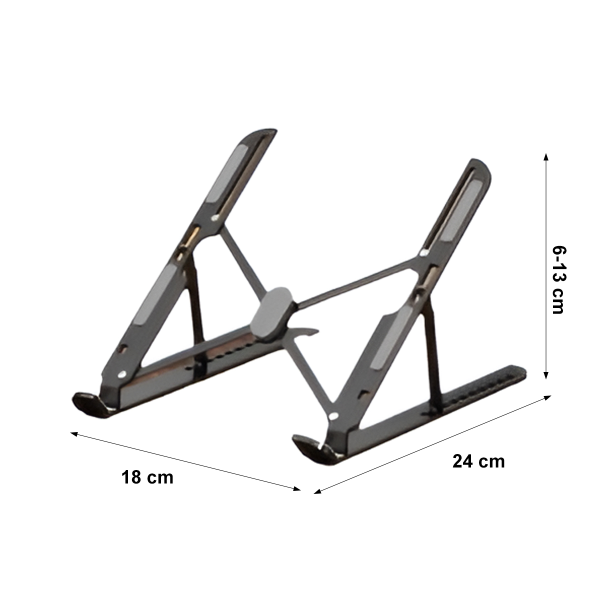 Ein faltbarer Laptop-St änder, schwarz und grau, mit den Maßen: 18 cm, 24 cm und 6-13 cm.