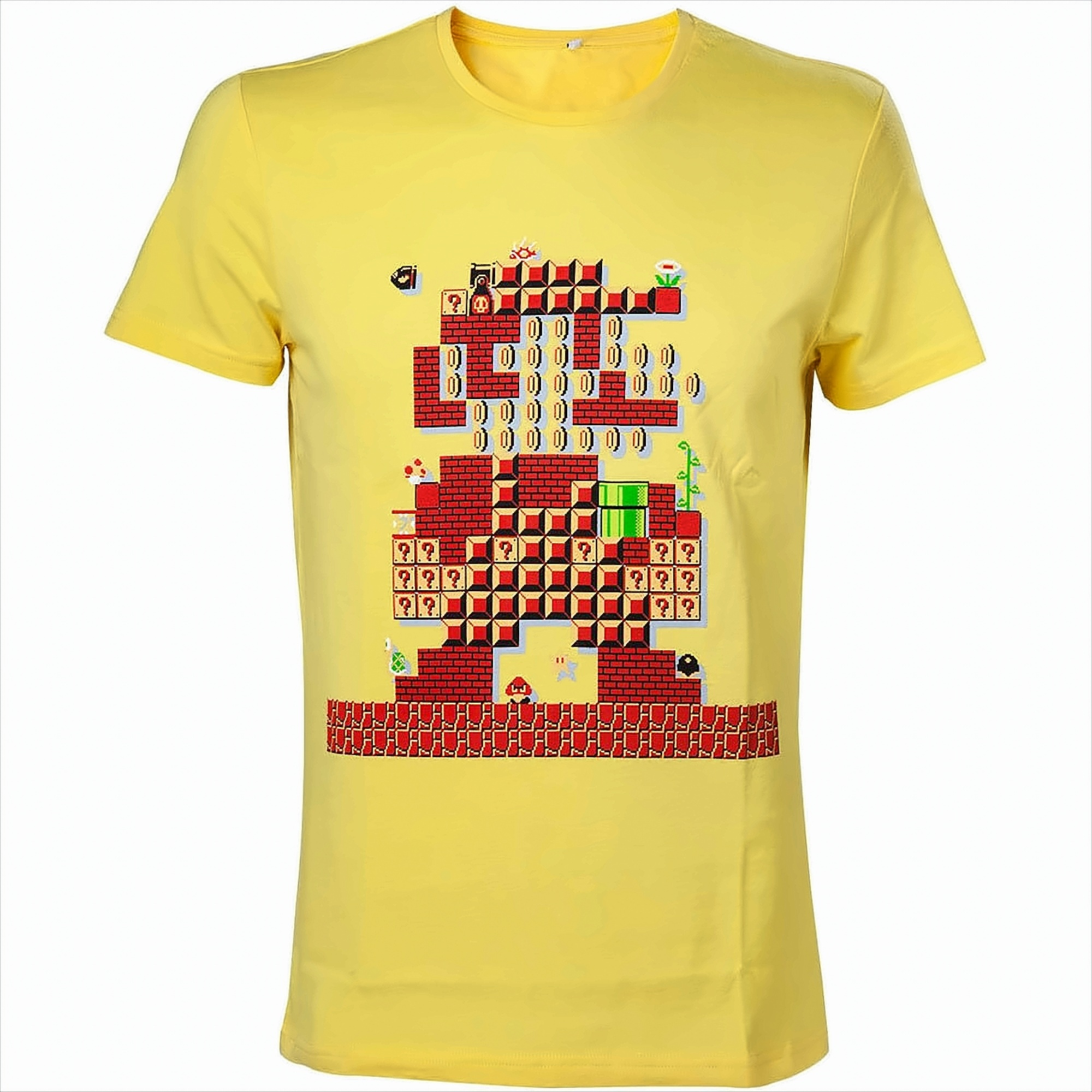 Gelbes T-Shirt mit einem pixeligen Mario-Design. Das Design umfasst Ziegelblöcke, Münzen und Charaktere im Retro-Stil.
