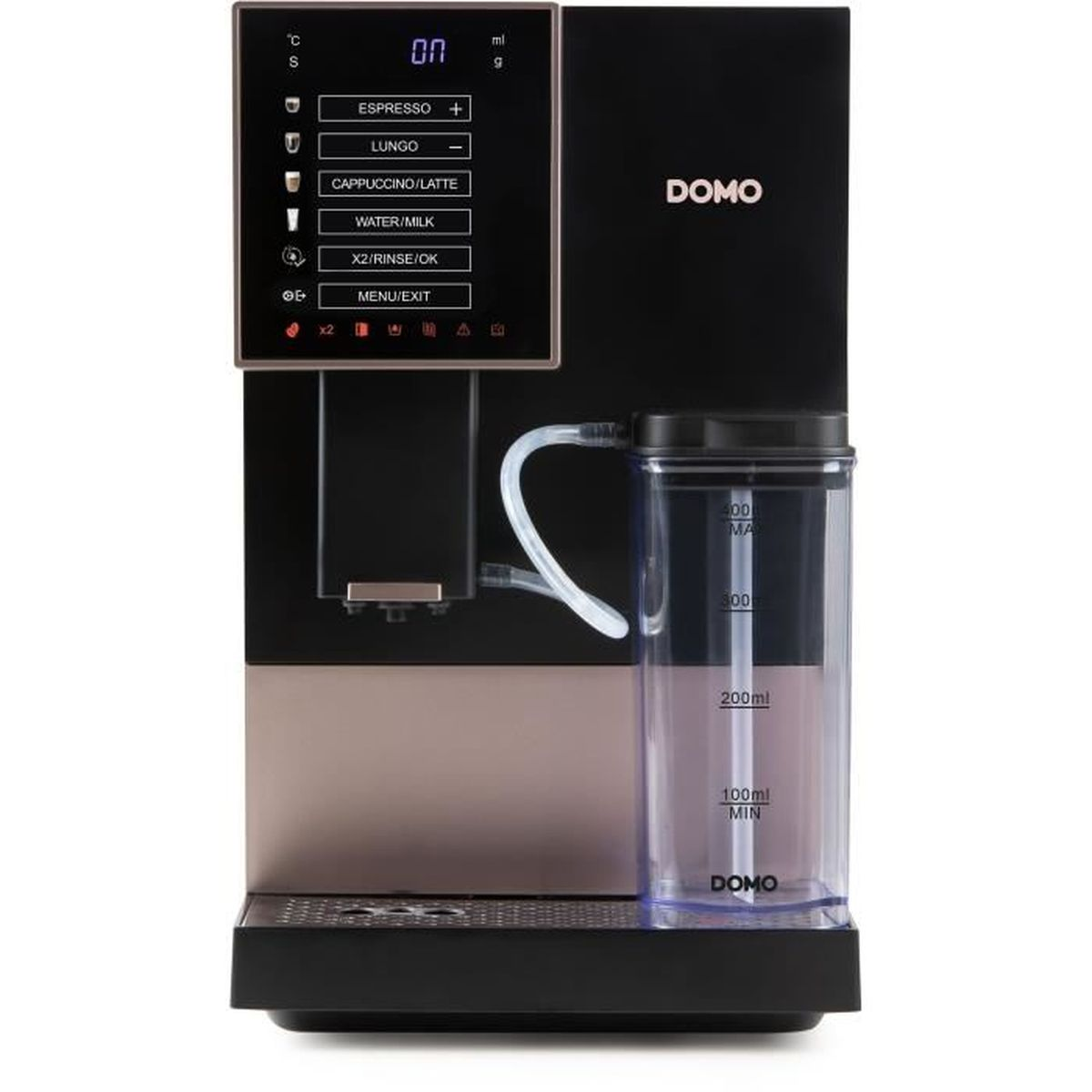 Una máquina de espresso negra y bronce con un depósito de agua transparente y un panel de control con varias opciones de bebidas.